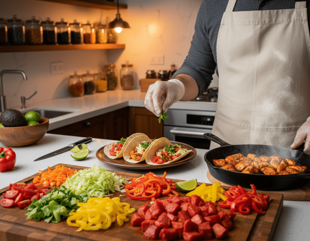 A vibrant kitchen scene showcasing the preparation of juicy, aromatic chicken tacos. In the foreground, a cutting board covered with diced marinated chicken, fresh vegetables like ripe tomatoes, crunchy lettuce, and colorful bell peppers. A sizzling skillet is visible, with steam rising as the chicken cooks. In the middle ground, a chef, dressed in a neat apron and gloves, skillfully garnishes the tacos, adding fresh cilantro and a drizzle of lime juice. The background features a cozy kitchen with soft, warm lighting, highlighting ingredients on a countertop and shelves filled with spices. The atmosphere feels inviting and homely, emphasizing the joy of cooking delicious chicken tacos. The composition is well-balanced, focusing on the culinary creation process.
