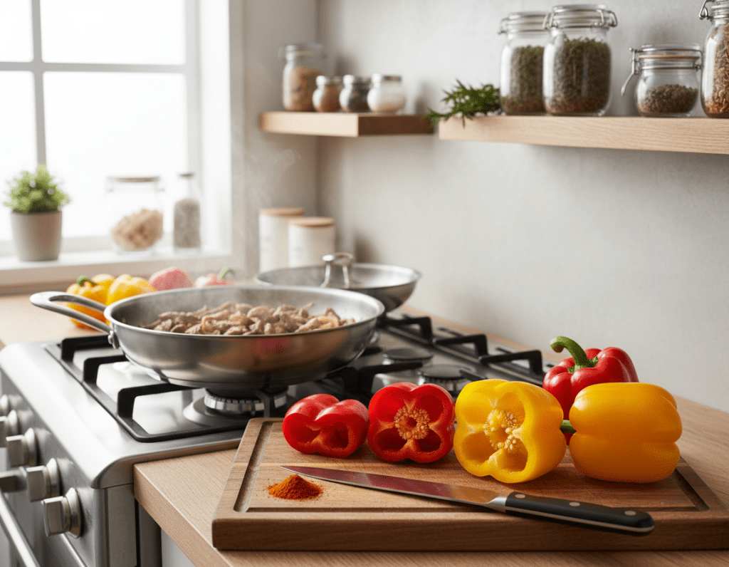A vibrant kitchen scene showcasing the preparation of paprika for a creamy, sliced meat dish. In the foreground, a wooden cutting board with freshly sliced red and yellow bell peppers, their glossy skin glistening under soft overhead lighting. A sharp chef's knife rests beside the vegetables. In the middle ground, a stainless steel pan sits on a gas stove, with a hint of sizzling meat and onions, adding an inviting aroma. In the background, a cozy kitchen filled with warm, natural light filtering through a window, herbs and spices neatly arranged on a shelf. The atmosphere is bright and cheerful, evoking a sense of homely comfort and culinary creativity. The composition is captured from a slightly elevated angle, emphasizing the rich colors and textures of the ingredients.