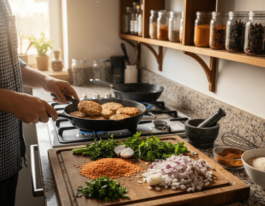 A vibrant kitchen scene showcasing the preparation of red lentil fritters (Rote Linsen Bratlinge). In the foreground, a wooden chopping board filled with raw ingredients, including red lentils, chopped onions, and herbs, is surrounded by kitchen utensils. The middle section features a skillet on the stove, sizzling with golden-brown fritters, while a hand in a modest casual shirt gently flips one. The background shows shelves stocked with colorful spices and a window letting in warm, natural light. The atmosphere is inviting and homey, with soft shadows casting on the counter to enhance the freshness of the cooking process. The lens captures the action from a slightly elevated angle, focusing on the ingredients and the fritters, creating a sense of motion and culinary delight.
