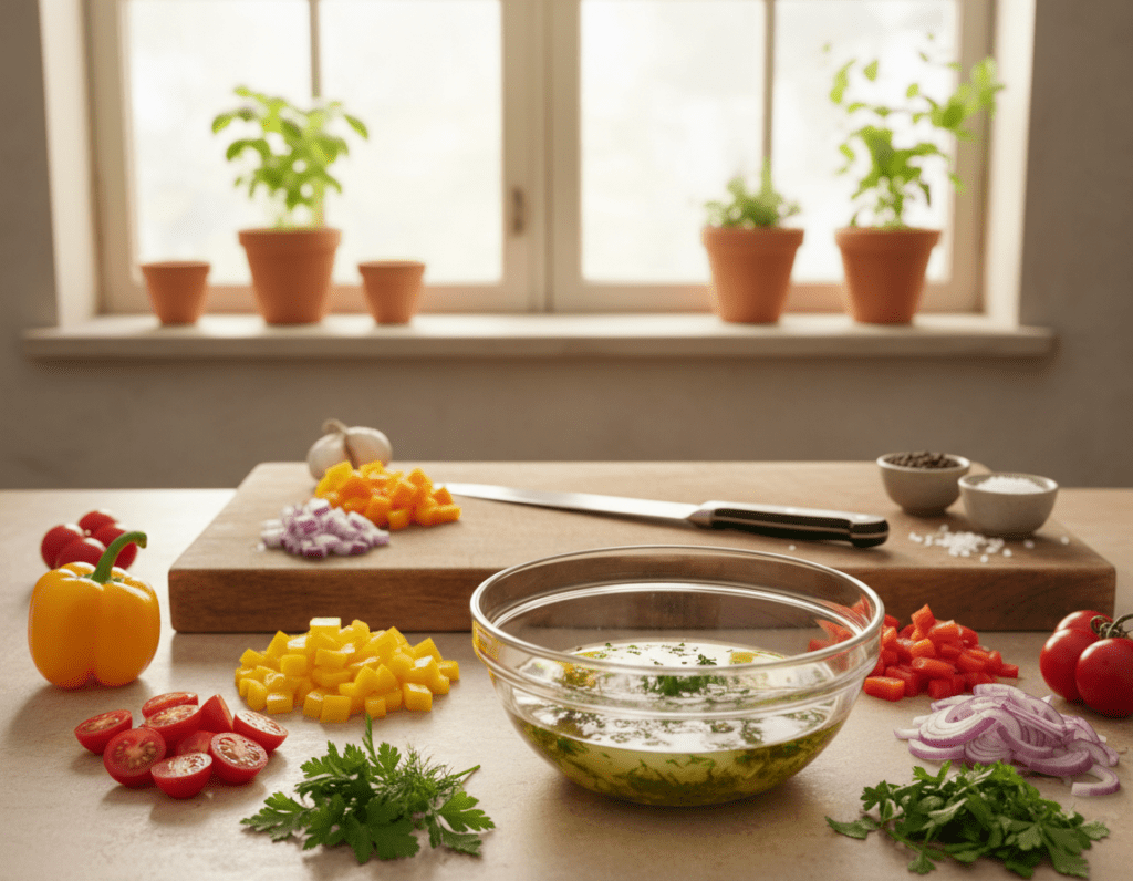 A vibrant kitchen setting focuses on the preparation of a flavorful Reissalat dressing. In the foreground, a glass bowl filled with olive oil, freshly squeezed lemon juice, and a medley of herbs like parsley and dill, is surrounded by colorful ingredients such as diced bell peppers, cherry tomatoes, and onions. In the middle, a classic wooden cutting board features a chef's knife, with small bowls of spices like salt and pepper arranged artfully. In the background, soft natural light filters in through a window, casting a warm glow over the scene, while fresh greens sit in pots on a rustic shelf. The atmosphere is inviting and dynamic, highlighting the creativity involved in making the perfect dressing for a rice salad.