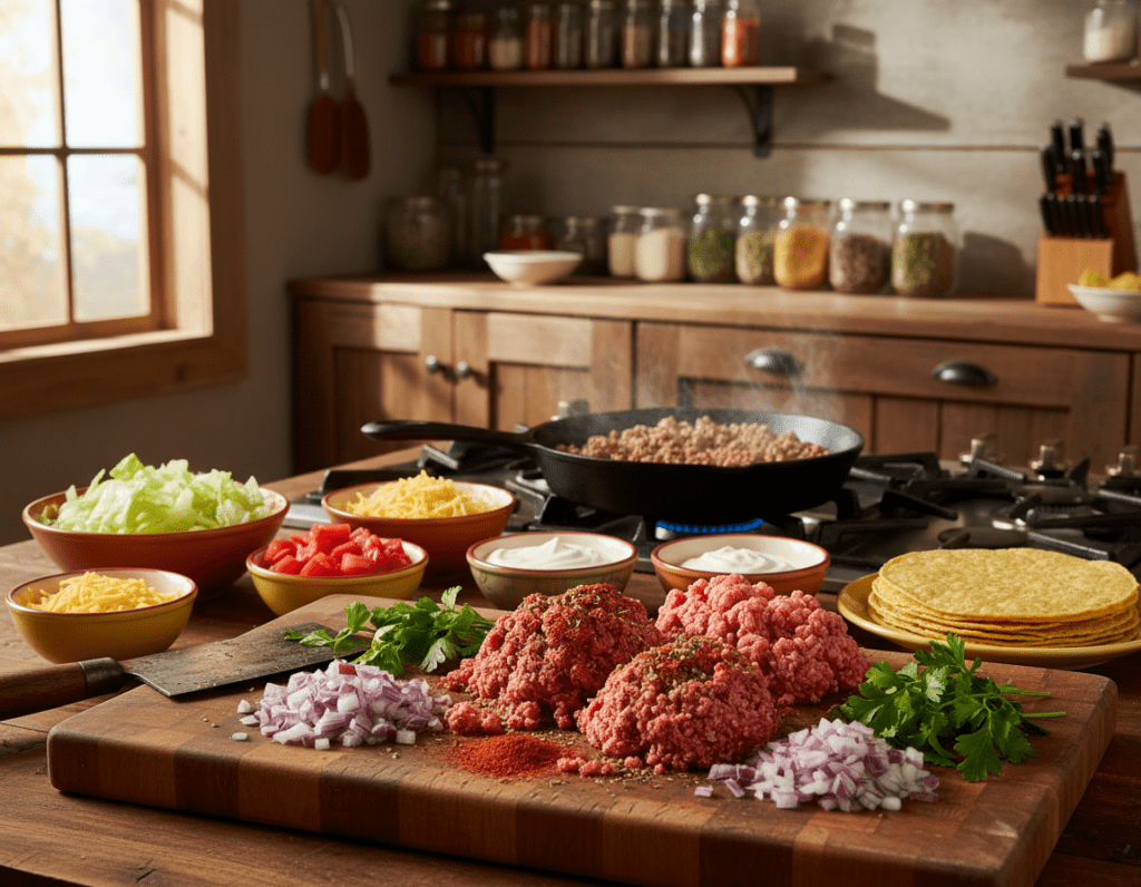 A vibrant kitchen setting showcasing the preparation of Hackfleisch tacos. In the foreground, a wooden cutting board displays seasoned ground meat, diced onions, and fresh herbs, creating an inviting arrangement. In the middle ground, a skillet on the stove is sizzling with meat, with various toppings such as chopped tomatoes, shredded lettuce, and grated cheese placed in colorful bowls nearby. The background features warm wooden cabinets and spices arranged neatly, adding a homely atmosphere, illuminated by soft, natural light from a nearby window. The scene creates a cozy, appetizing mood, perfect for enjoying a delightful cooking experience.