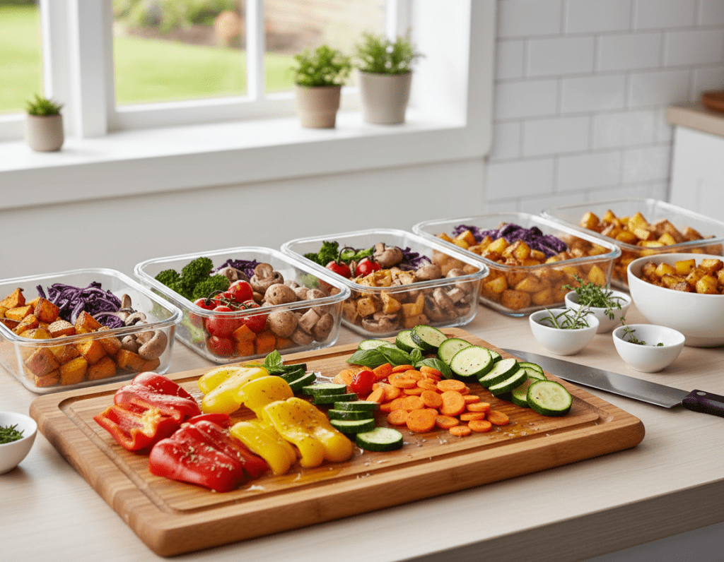 A vibrant meal prep scene featuring an assortment of colorful roasted vegetables and potatoes arranged neatly in clear glass meal prep containers. In the foreground, showcase a wooden cutting board with chopped bell peppers, zucchini, and carrots, glistening with olive oil and herbs. In the middle, display the containers filled with beautifully roasted vegetables, nestled alongside steaming golden-brown potato cubes. The background features a bright, clean kitchen with soft natural light streaming through a window, illuminating the scene and creating a warm, inviting atmosphere. A hint of fresh herbs like rosemary and thyme can be seen in little bowls nearby, adding texture and color. Capture this angle with a soft-focus background to emphasize the meal prep preparation, generating a sense of organization and enthusiasm for cooking. A vibrant meal prep scene featuring an assortment of colorful roasted vegetables and potatoes arranged neatly in clear glass meal prep containers. In the foreground, showcase a wooden cutting board with chopped bell peppers, zucchini, and carrots, glistening with olive oil and herbs. In the middle, display the containers filled with beautifully roasted vegetables, nestled alongside steaming golden-brown potato cubes. The background features a bright, clean kitchen with soft natural light streaming through a window, illuminating the scene and creating a warm, inviting atmosphere. A hint of fresh herbs like rosemary and thyme can be seen in little bowls nearby, adding texture and color. Capture this angle with a soft-focus background to emphasize the meal prep preparation, generating a sense of organization and enthusiasm for cooking.