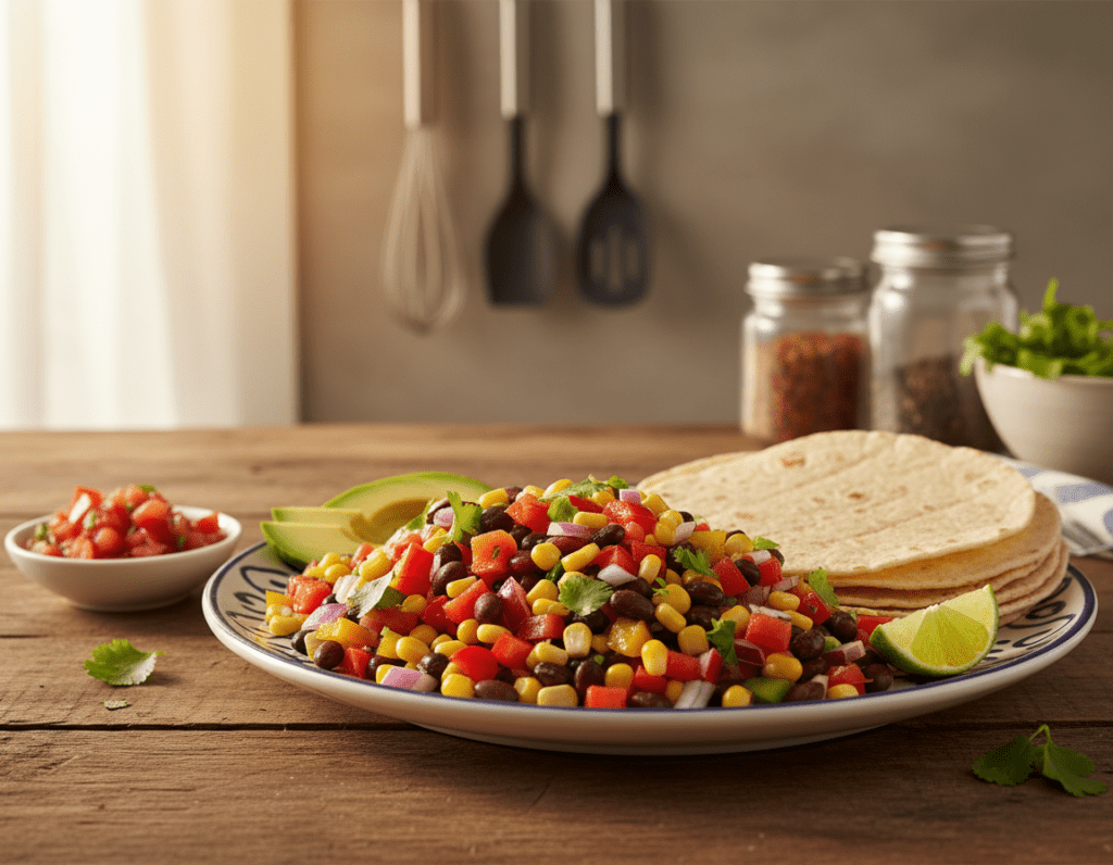 A vibrant, mouthwatering scene featuring a close-up of vegetarian taco filling on a decorative plate. The foreground showcases colorful diced vegetables such as bell peppers, red onions, and corn, sprinkled with fresh cilantro, all arranged artistically. The taco filling is nestled next to soft corn tortillas, with an assortment of toppings like avocado slices and a dollop of tangy salsa. In the middle ground, a rustic wooden table adds warmth, while the background softly fades into blurred kitchen elements like cooking utensils and spices, suggesting a cozy home environment. Golden hour lighting gently illuminates the scene, creating a warm, inviting atmosphere that emphasizes freshness and flavor. The composition should evoke a sense of healthiness and enjoyment.