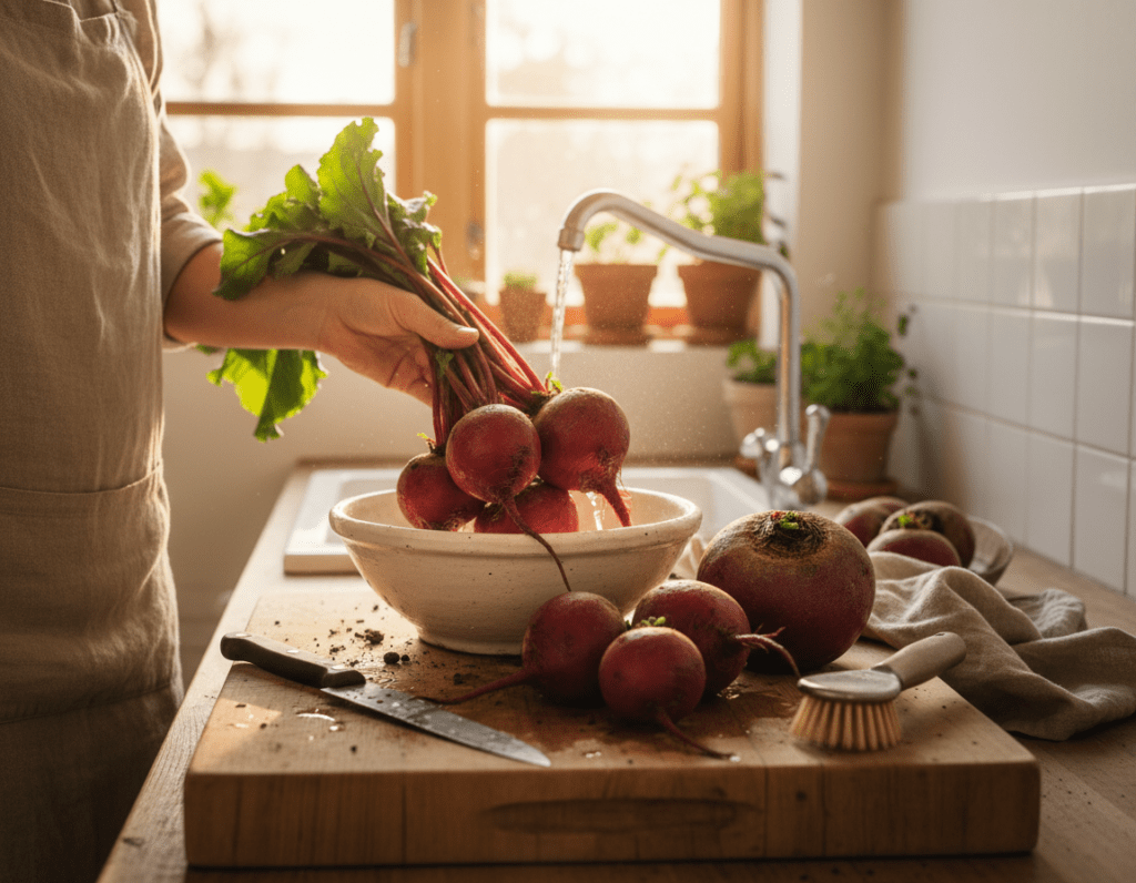 A vibrant, natural kitchen setting showcasing a selection of freshly harvested beetroots in various sizes, hues of deep red and earthy tones, arranged artistically on a rustic wooden cutting board. In the foreground, a skilled hand, wearing a modest apron, is gently rinsing the beetroots under running water in a small bowl. The middle ground features a sharp knife and a few kitchen utensils, hinting at the preparation process. In the background, soft, warm light filters through a window, illuminating the scene and creating a cozy, inviting atmosphere. The focus is on the beets, emphasizing their rich texture and color, while the overall mood is encouraging and educational, suitable for a cooking context.