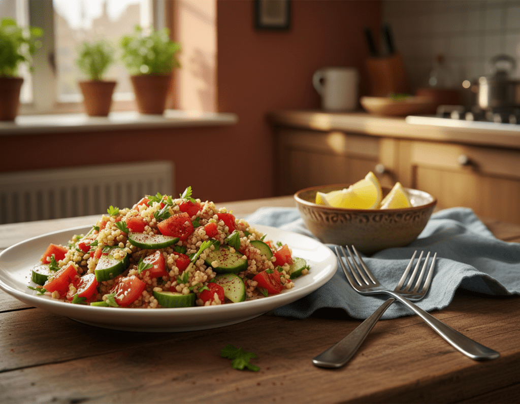 A vibrant plate of Bulgursalat, beautifully arranged as an eye-catching side dish. In the foreground, the colorful salad is overflowing with finely chopped vegetables like juicy tomatoes, crisp cucumbers, and fresh parsley, all mixed with fluffy bulgur wheat and a drizzle of olive oil. The middle ground features a rustic wooden table setting, with a small bowl of lemon wedges and a pair of elegant forks beside the plate, suggesting a casual yet inviting dining atmosphere. The background showcases a warm kitchen with soft, natural lighting filtering through a window, creating an inviting and homely ambiance. The scene captures the versatility and attractiveness of Bulgursalat, perfect for various occasions, evoking a sense of freshness and culinary delight. A vibrant plate of Bulgursalat, beautifully arranged as an eye-catching side dish. In the foreground, the colorful salad is overflowing with finely chopped vegetables like juicy tomatoes, crisp cucumbers, and fresh parsley, all mixed with fluffy bulgur wheat and a drizzle of olive oil. The middle ground features a rustic wooden table setting, with a small bowl of lemon wedges and a pair of elegant forks beside the plate, suggesting a casual yet inviting dining atmosphere. The background showcases a warm kitchen with soft, natural lighting filtering through a window, creating an inviting and homely ambiance. The scene captures the versatility and attractiveness of Bulgursalat, perfect for various occasions, evoking a sense of freshness and culinary delight.