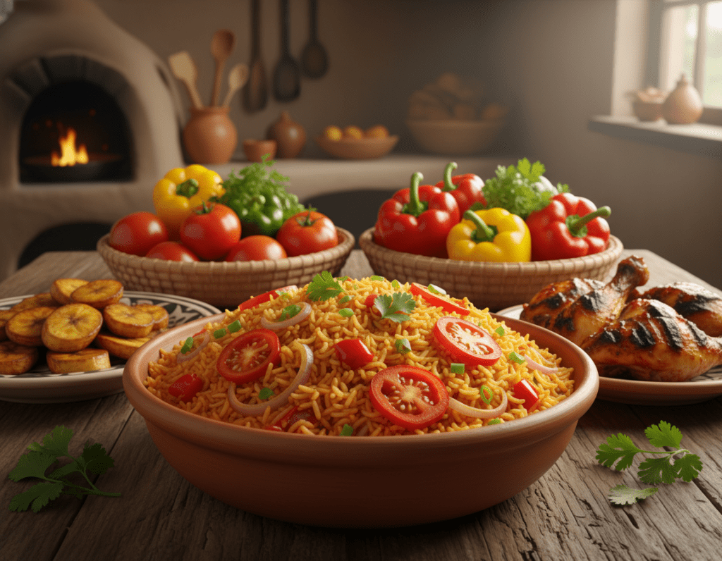 A vibrant presentation of Jollof rice, a classic West African dish, beautifully arranged on a rustic wooden table. In the foreground, a large, colorful bowl of Jollof rice, rich in tomatoes, bell peppers, and spices, garnished with fresh herbs. On the sides, traditional serving dishes with fried plantains and grilled chicken, showcasing the meal's accompaniment. In the middle ground, handwoven baskets filled with fresh vegetables like tomatoes and peppers to highlight the use of local ingredients. The background features a softly blurred kitchen setting, with warm, inviting lighting that creates a homely atmosphere. The composition captures the essence of home-cooked West African cuisine, inviting viewers to discover its rich flavors and traditions.
