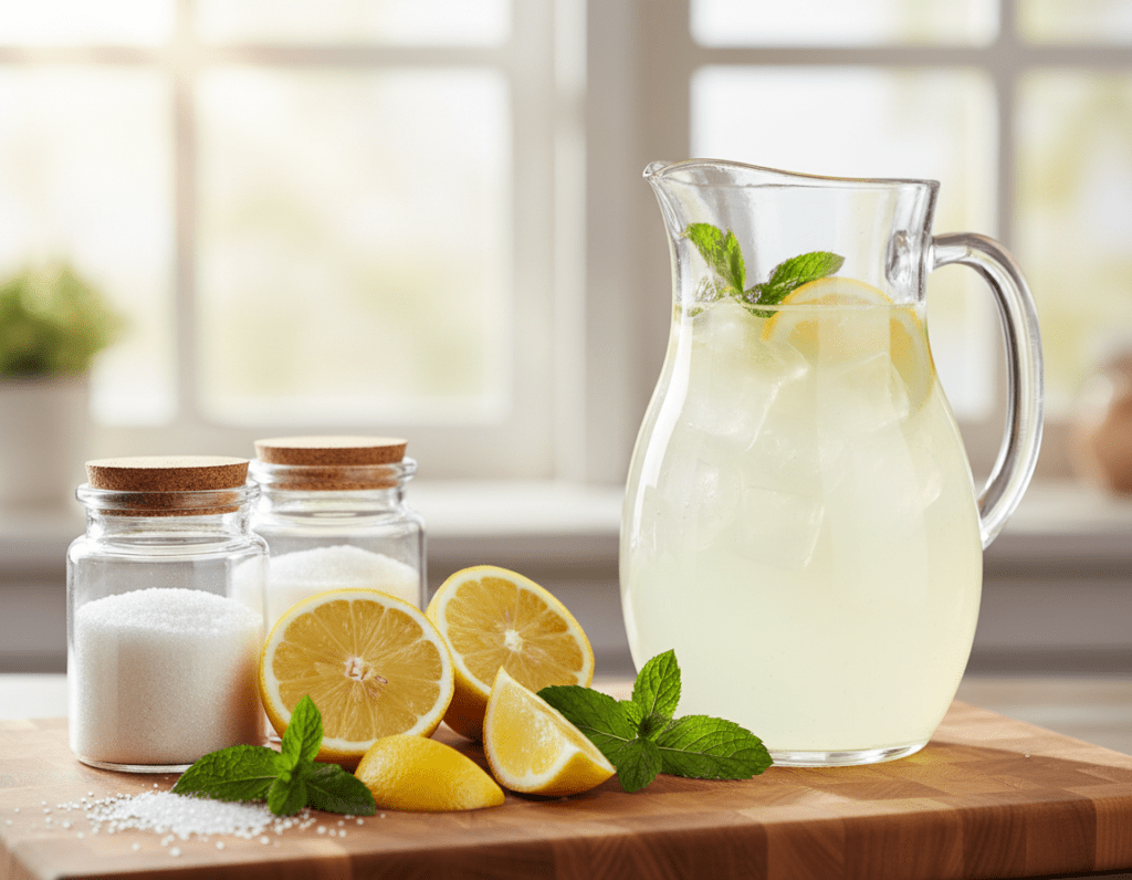 A vibrant, refreshing scene showcasing the essential ingredients for homemade lemonade. In the foreground, a wooden cutting board holds freshly sliced lemons, a bunch of fragrant mint leaves, and granulated sugar in charming glass jars. The middle layer features a clear glass pitcher filled with bright yellow lemonade, ice cubes glistening, and a sprig of mint for garnish. The background is softly blurred, depicting a sunlit kitchen with light streaming through a window, creating a warm and inviting atmosphere. The overall mood is cheerful and refreshing, evoking thoughts of sunny days and homemade delights. The image is captured with natural lighting, emphasizing the freshness of the ingredients, and a slight overhead angle to give an enticing view of the setup.