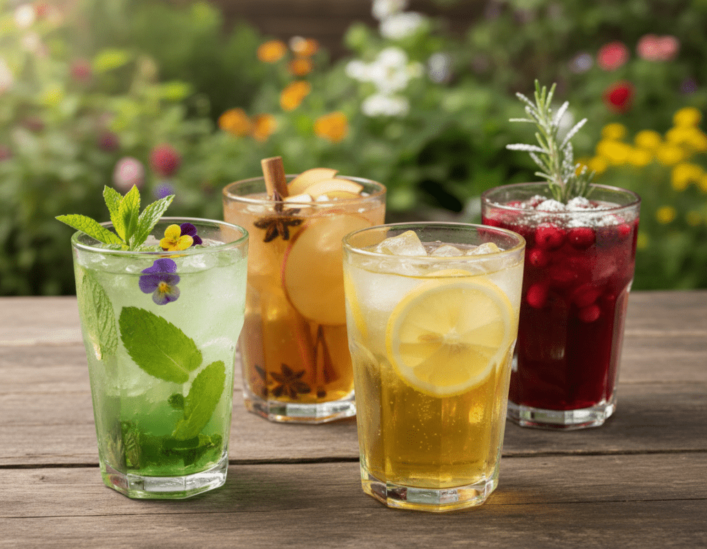 A vibrant scene depicting seasonal lemonade concepts throughout the year, featuring four distinct glasses of lemonade, each representing a different season. In the foreground, a frosty glass filled with spring mint lemonade, adorned with fresh mint leaves and edible flowers. Beside it, a summer glass with bright lemon slices and ice, reflecting sunlight. In the middle ground, an autumn drink with spiced apple lemonade, garnished with cinnamon sticks, and a winter glass of cranberry lemonade topped with rosemary sprigs and a dusting of snow. The background showcases a rustic wooden table set in a bright outdoor garden with lush greenery and flowers, under soft, warm lighting, creating a cheerful and refreshing atmosphere. The angle is a slightly elevated view that captures all four drinks harmoniously arranged, inviting viewers to imagine the flavors of each season.