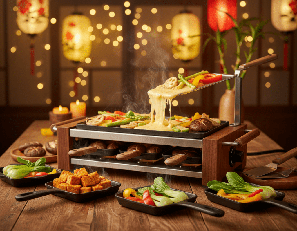 A vibrant scene showcasing an Asian-inspired Raclette setup. In the foreground, a beautifully arranged wooden table displays individual Raclette pans filled with colorful ingredients like marinated tofu, thinly sliced mushrooms, bell peppers, and vibrant greens. Steam rises gently from the pans, creating an inviting atmosphere. In the middle ground, a stylish electric Raclette grill is positioned, with melted cheese oozing atop grilled vegetables. The background features soft bokeh lights, mimicking an intimate dining setting. The warm, ambient lighting enhances the coziness, with a hint of traditional Asian decor, like delicate lanterns or bamboo accents, subtly visible. The mood is friendly and inviting, perfect for a creative dining experience.