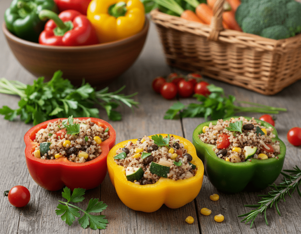 A vibrant scene showcasing healthy stuffed bell peppers filled with colorful rice in various grains, surrounded by fresh herbs and vegetables. In the foreground, three beautifully arranged bell peppers, with bright red, yellow, and green skins, are cut in half to reveal a hearty filling of brown rice, quinoa, and chopped vegetables seasoned with herbs. The middle ground features a rustic wooden table, complemented by fresh parsley and cherry tomatoes scattered around. In the background, soft natural lighting highlights the colors and textures, creating a warm and inviting atmosphere. The angle should be slightly above the tabletop, providing a clear and appetizing view of the dish. The overall mood is wholesome and vibrant, emphasizing health and freshness.