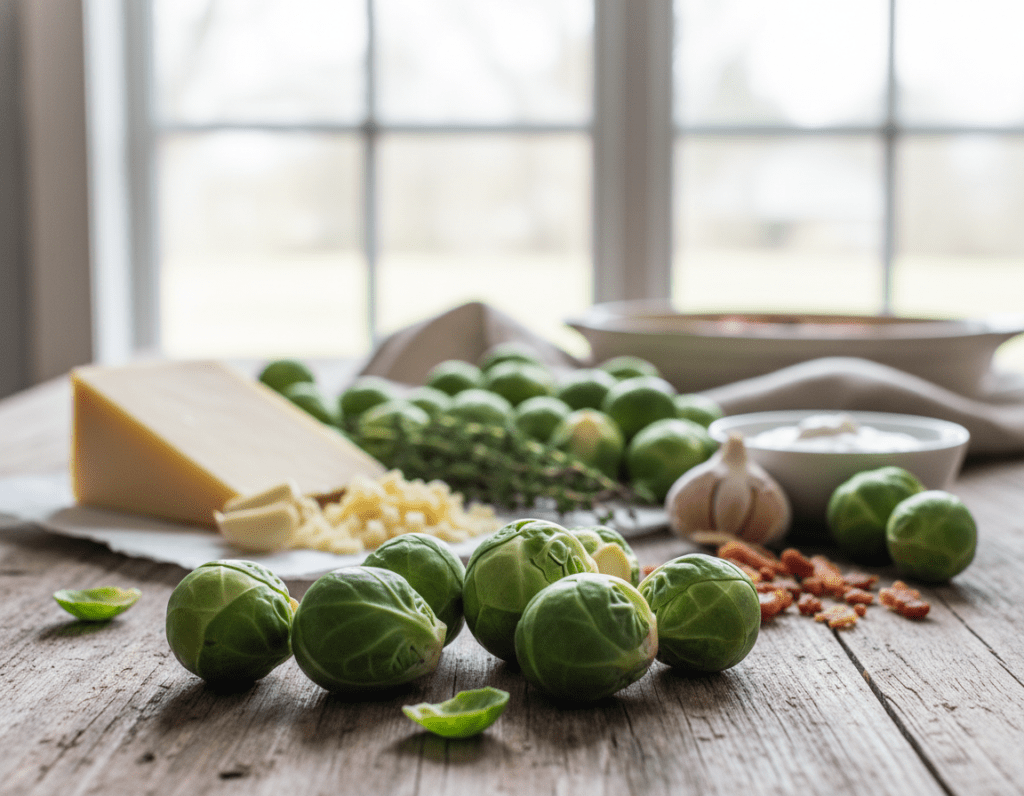 A vibrant selection of fresh Brussels sprouts, arranged artistically on a rustic wooden table. In the foreground, the Brussels sprouts are displayed in various sizes, showcasing their bright green color and textured leaves. The middle ground features ingredients commonly used in a Brussels sprout casserole, such as creamy cheese, chopped garlic, and sprigs of fresh thyme, all beautifully laid out. In the background, soft natural light filters through a nearby window, creating a warm and inviting atmosphere. The image captures the essence of fresh ingredients, emphasizing the concept of cooking with seasonal vegetables, while maintaining a serene and appetizing mood. Focused shot, with subtle depth of field to enhance the foreground details.