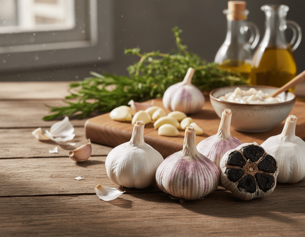 A vibrant selection of fresh garlic varieties displayed in an appealing arrangement on a rustic wooden table. In the foreground, focus on a mix of plump white, purple, and black garlic bulbs, emphasizing their unique textures and colors. The middle ground features a cutting board with peeled garlic cloves and a small bowl of garlic paste, showcasing the preparation for garlic sauce. In the background, softly blurred kitchen herbs and olive oil bottles create a warm, inviting ambiance, with natural light filtering through a window, casting gentle shadows. The atmosphere is cozy and culinary, evoking a sense of freshness and home cooking, perfect for illustrating the best garlic varieties to use.