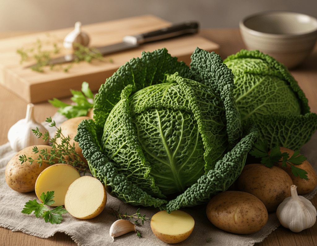 A vibrant selection of fresh savoy cabbage (Wirsingkohl) displayed prominently in the foreground, showcasing its crinkled, dark green leaves with intricate textures. Surround the cabbage with an array of organic ingredients, including rustic potatoes, a scattering of fresh herbs like thyme and parsley, and a few garlic cloves, all arranged artfully to highlight the earthiness of the dish. In the background, softly blurred kitchen utensils and a wooden cutting board create a cozy, inviting atmosphere. Natural, warm lighting casts a gentle glow on the vegetables, enhancing their freshness and color. The composition should evoke a feeling of rustic culinary charm, ideal for home cooking and wholesome meals.