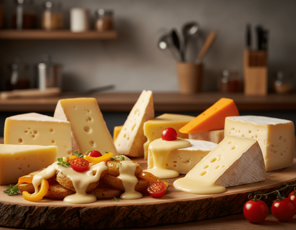 A vibrant selection of various Raclette cheese types displayed prominently on a rustic wooden cheese board, showcasing smooth, creamy textures and a variety of colors like pale yellow, deep orange, and white. The foreground features melting cheese drizzled over crispy potatoes and colorful vegetables like bell peppers and tomatoes. In the middle ground, an assortment of cheese wheels and wedges are elegantly arranged, with melted cheese pooling artfully beside them. Soft, warm lighting creates an inviting atmosphere, highlighting the deliciousness of the cheeses. In the background, a cozy kitchen setting with blurred shelves filled with utensils complements the scene, suggesting a warm gathering place. The overall mood is festive and appetizing, perfect for creative Raclette recipes.