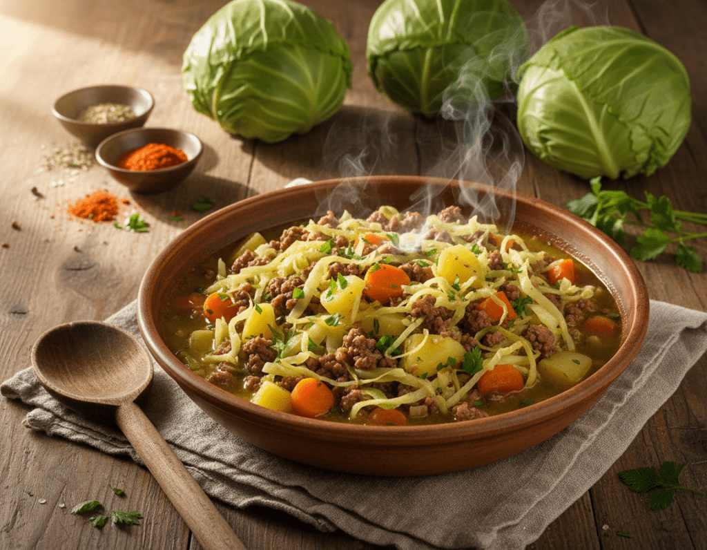 A vibrant, steaming bowl of Spitzkohl Hackfleisch Eintopf, showcasing finely chopped spitzkohl and seasoned ground meat mingling together in a rich, savory broth. The foreground features the bowl, filled generously with colorful chunks of carrots and potatoes, garnished with fresh parsley. In the middle, a wooden spoon rests beside the bowl, hinting at a homely kitchen setting. The background captures a rustic kitchen table, adorned with fresh ingredients like whole spitzkohl and an assortment of spices, bathed in warm, natural lighting. The atmosphere is cozy and inviting, suggesting a hearty meal perfect for family gatherings, photographed from a slightly elevated angle to highlight the dish’s textures and the inviting aroma it emanates.