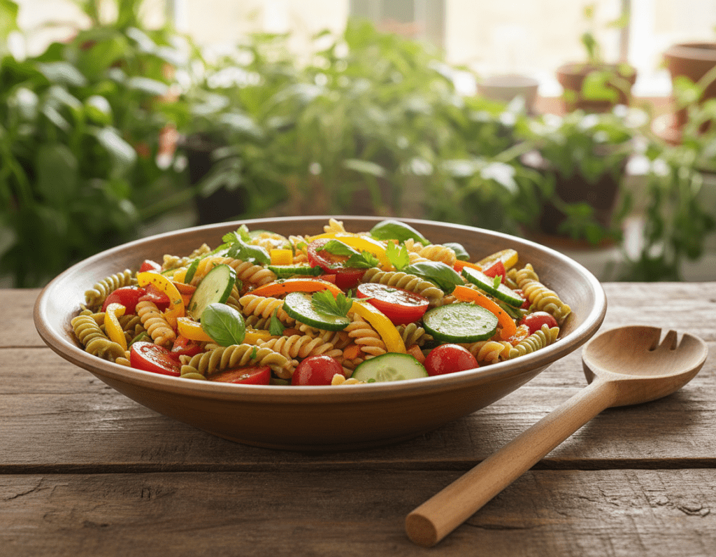 A vibrant summer pasta salad arranged artfully on a rustic wooden table. In the foreground, colorful spirals of whole grain fusilli are mixed with fresh cherry tomatoes, crisp cucumber slices, vibrant bell peppers, and aromatic herbs like basil and parsley, glistening with a light dressing. The middle ground features a wooden serving spoon beside the salad, invitingly poised for serving. In the background, soft natural light filters through leafy green plants, creating a warm and inviting atmosphere. The scene captures a sense of freshness and healthiness, perfect for a summer meal. Use a shallow depth of field to emphasize the salad in focus, while softly blurring the background elements to enhance the subject.