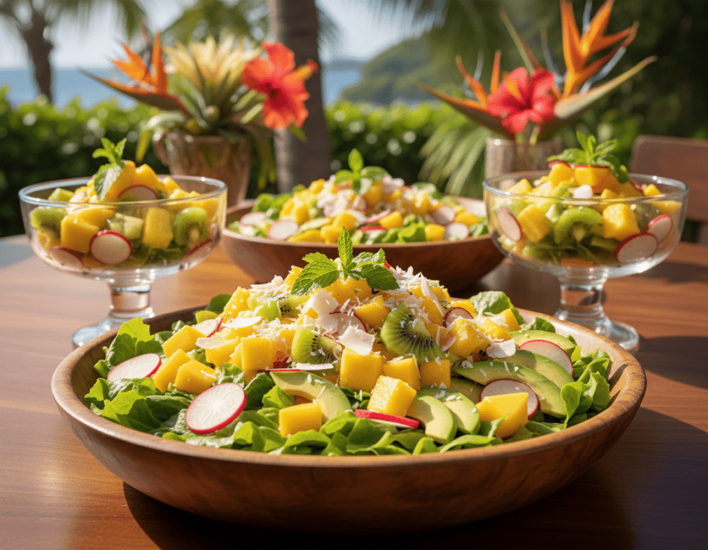 A vibrant summer scene featuring exotic salads beautifully arranged with a variety of tropical fruits. In the foreground, a colorful mix of bright green lettuce, red radishes, and sliced avocado is topped with juicy mango, pineapple, and kiwi slices, artfully scattered with shredded coconut and fresh mint leaves. The middle ground showcases elegant glass bowls filled with these salads, glistening under warm, natural sunlight that illuminates their vibrant colors. In the background, a soft-focus tropical garden with palm trees and colorful flowers enhances the fresh, inviting atmosphere. The image is shot at a slightly elevated angle, capturing the lush textures and details of the ingredients, conveying a sense of freshness and summer abundance, perfect for summer recipes.