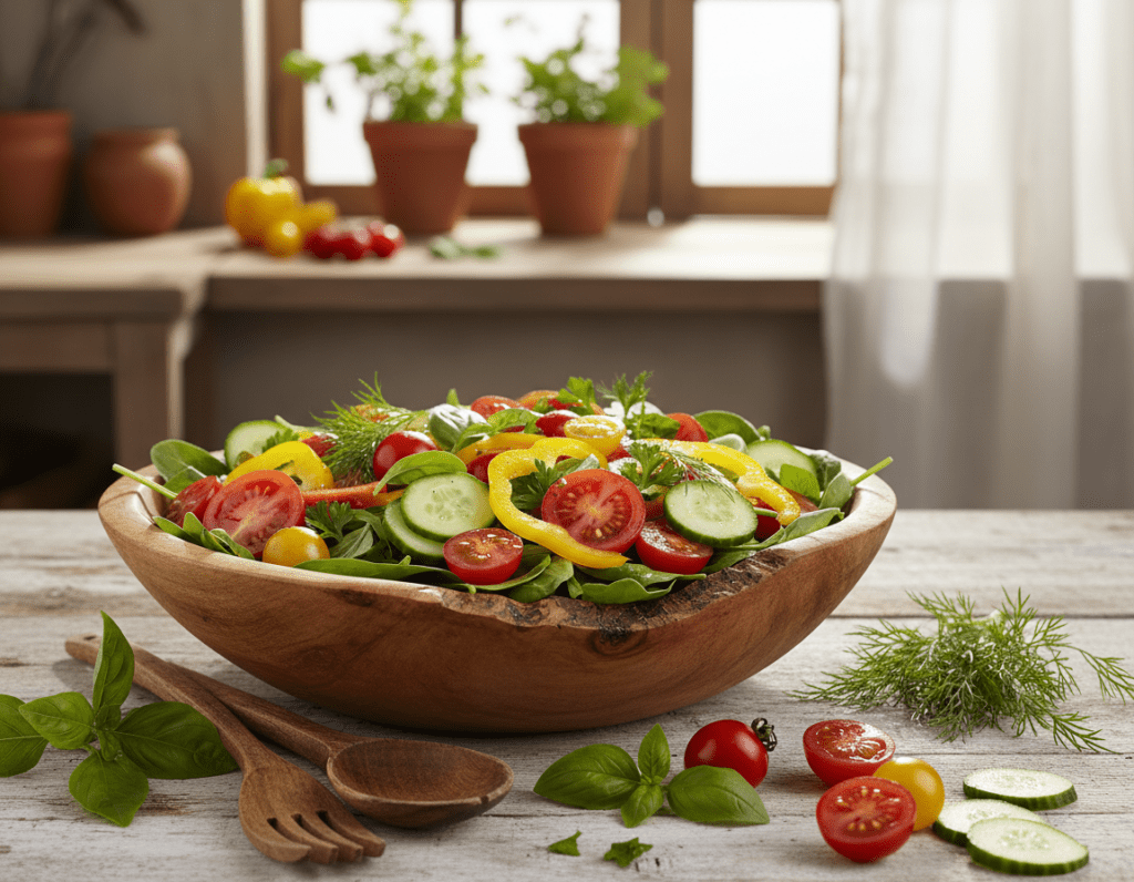 A vibrant summer vegetable salad featuring seasonal vegetables like juicy tomatoes, crisp cucumbers, colorful bell peppers, and fresh greens, artfully arranged in a wooden bowl. Garnished with bright green herbs such as basil, parsley, and dill, the salad is sprinkled with a light drizzle of olive oil and lemon juice. In the foreground, the bowl is surrounded by wooden utensils and freshly cut herbs, while in the middle, scattered vegetables add a lively touch. The background shows a rustic kitchen setting with natural light pouring in through a window, enhancing the freshness of the ingredients. The overall mood is bright, inviting, and summery, perfect for a sunny day. The image is taken with a soft focus lens to emphasize the freshness of the salad without distractions.