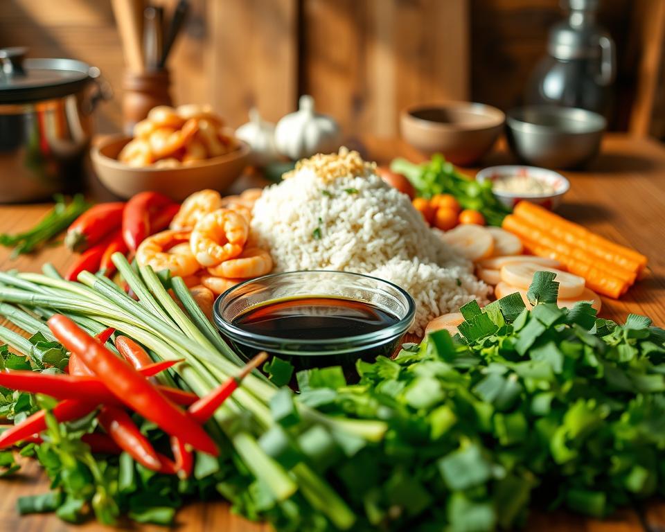A vibrant, well-composed flat lay image of Nasi Goreng ingredients arranged meticulously on a wooden kitchen table. In the foreground, there are fresh vegetables including chopped scallions, red chilies, and carrots, creating a burst of color. In the middle, a small bowl of dark soy sauce, a pile of cooked rice, and shrimp, highlighting essential components of the dish. In the background, a subtle blur of kitchen utensils and spices like garlic, shallots, and a sprinkle of fried onions, adding depth and context. Warm, natural lighting casts soft shadows, enhancing the inviting atmosphere. The entire scene evokes a sense of authenticity, readiness to prepare the beloved dish of Nasi Goreng.