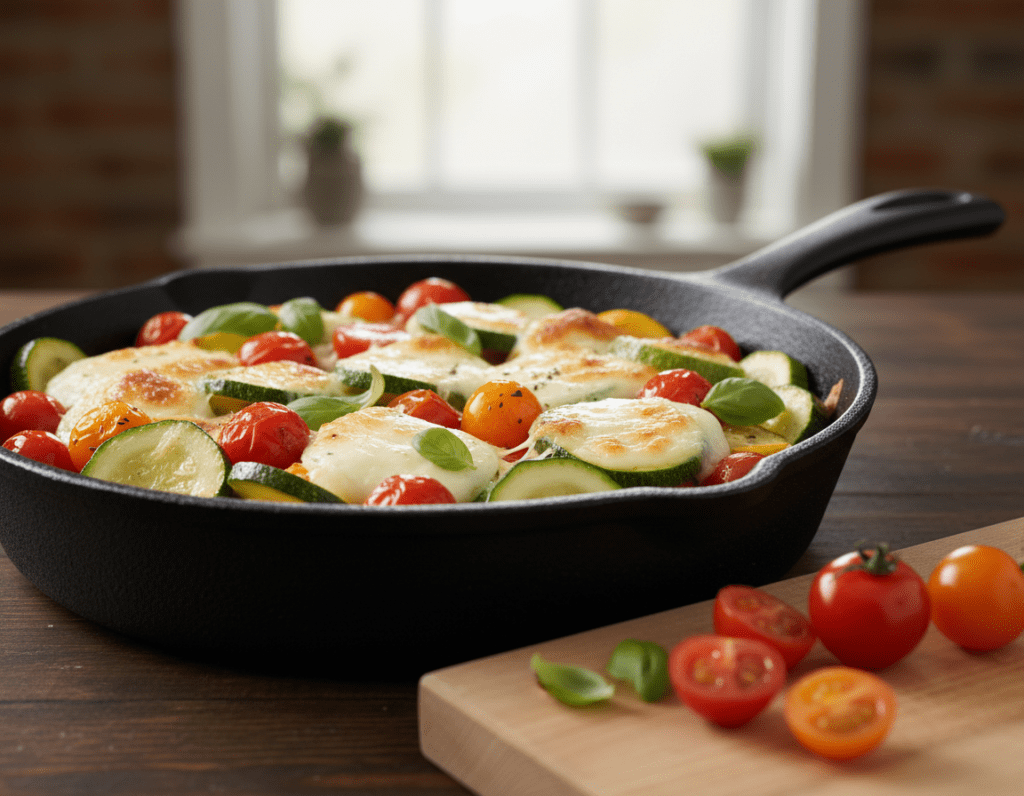 A vibrant zucchini skillet dish featuring sautéed zucchini slices, ripe cherry tomatoes, and melted mozzarella cheese, beautifully arranged in a rustic cast-iron pan. The foreground showcases the colorful vegetables with glistening cheese, garnished with fresh basil leaves. In the middle ground, a wooden cutting board holds a few halved tomatoes and sprigs of basil, hinting at the fresh ingredients used. The background is softly blurred, revealing a warm, inviting kitchen setting, illuminated by natural light coming from a window, enhancing the fresh and appetizing atmosphere. The overall mood is cozy and inviting, perfect for a quick, healthy meal.