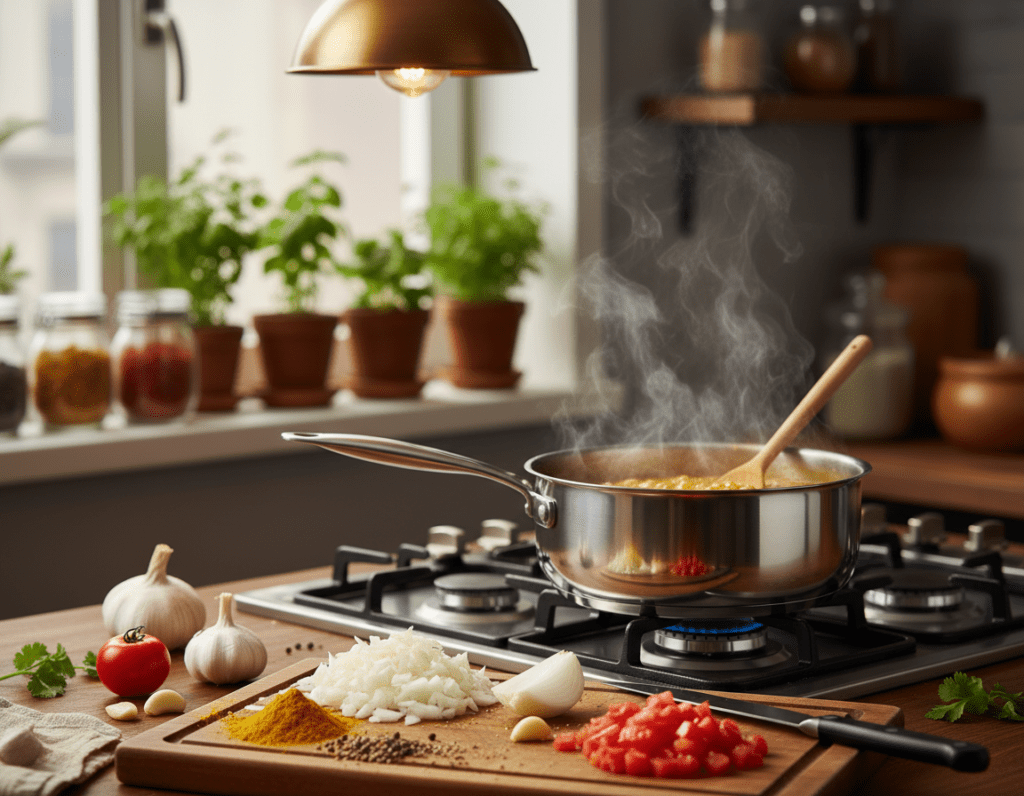 A visual representation of the step-by-step process of making curry sauce. In the foreground, display fresh ingredients including vibrant yellow curry powder, chopped onions, garlic cloves, and diced tomatoes, neatly arranged on a wooden cutting board. In the middle ground, showcase a saucepan on a stove with a sizzling mixture, steam rising above, illuminated by warm overhead lighting. The background should feature a cozy kitchen setting with herbs in pots and spices in jars, creating a homely atmosphere. The scene should feel warm and inviting, with a slightly blurred depth of field to emphasize the ingredients and cooking process. The image should be bright and colorful, visually guiding the viewer through the curry sauce preparation steps. A visual representation of the step-by-step process of making curry sauce. In the foreground, display fresh ingredients including vibrant yellow curry powder, chopped onions, garlic cloves, and diced tomatoes, neatly arranged on a wooden cutting board. In the middle ground, showcase a saucepan on a stove with a sizzling mixture, steam rising above, illuminated by warm overhead lighting. The background should feature a cozy kitchen setting with herbs in pots and spices in jars, creating a homely atmosphere. The scene should feel warm and inviting, with a slightly blurred depth of field to emphasize the ingredients and cooking process. The image should be bright and colorful, visually guiding the viewer through the curry sauce preparation steps.