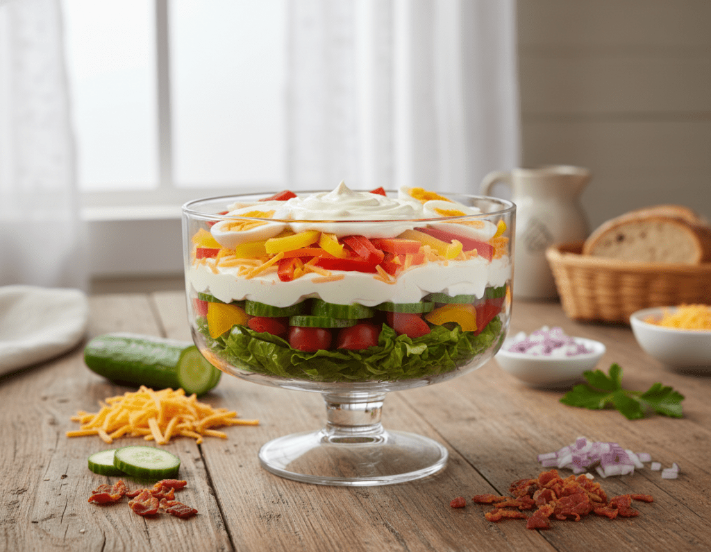 A visually appealing arrangement of "Schichtsalat" ingredients on a rustic wooden table. In the foreground, vibrant layers of fresh vegetables such as crisp lettuce, sliced cucumbers, diced tomatoes, and colorful bell peppers are artfully displayed in a clear glass bowl. In the middle, a creamy layer of Miracle Whip glistens, surrounded by additional ingredients like shredded cheese and boiled eggs. The background features a soft-focus kitchen setting with natural light streaming through a window, casting gentle shadows that enhance the freshness of the ingredients. The overall mood is inviting and healthy, suggesting a delicious and easy-to-make salad. The photo should have a slight overhead angle to capture the layers effectively and showcase the texture of the ingredients.