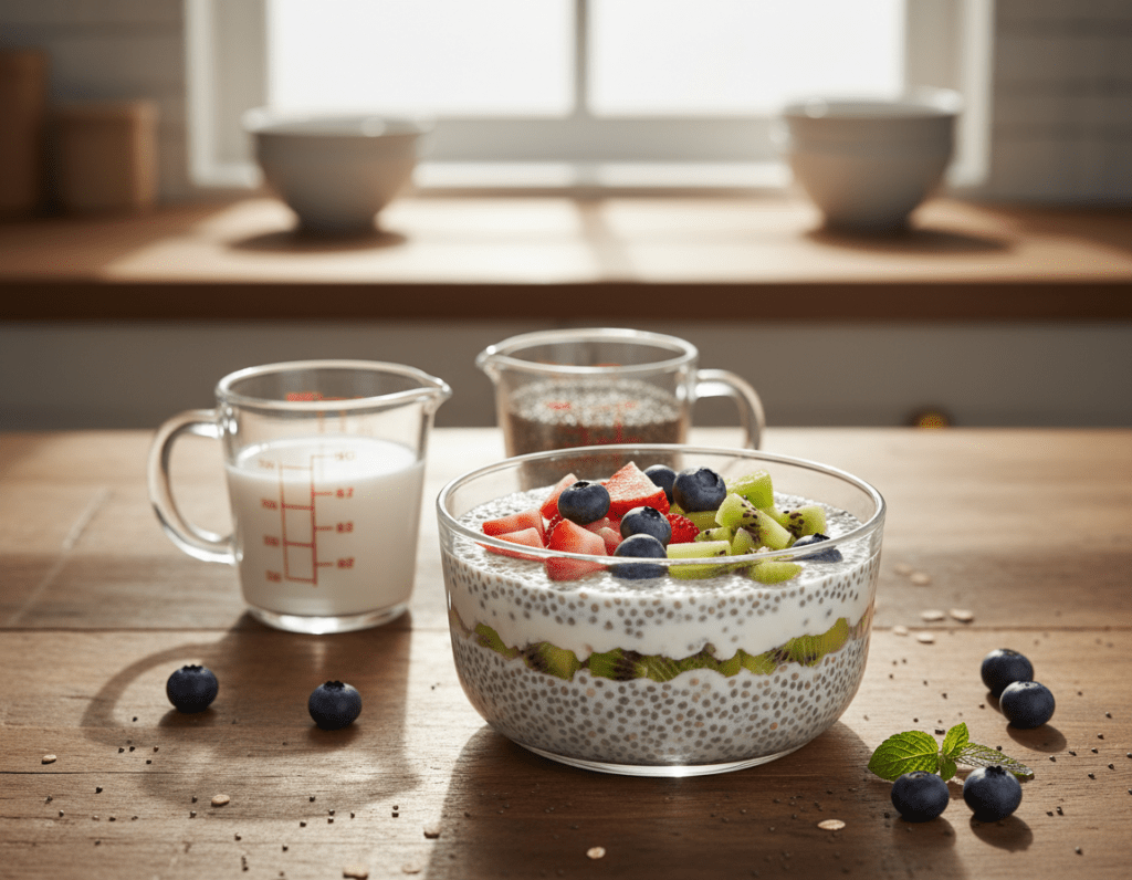 A visually appealing bowl of chia pudding sits in the foreground, showcasing its creamy texture scattered with tiny, gelatinous chia seeds. The pudding is beautifully layered, with a vibrant topping of fresh fruits like strawberries, blueberries, and kiwi, adding a pop of color. In the middle ground, there's a measuring cup filled with coconut milk and another filled with chia seeds, emphasizing the ideal ratio. Behind these elements, a soft-focused kitchen setting provides a warm, inviting atmosphere with natural light streaming through a window, creating gentle highlights and shadows. The angle is slightly elevated, capturing the textures and colors of the ingredients, evoking a sense of health and freshness suitable for a culinary guide.