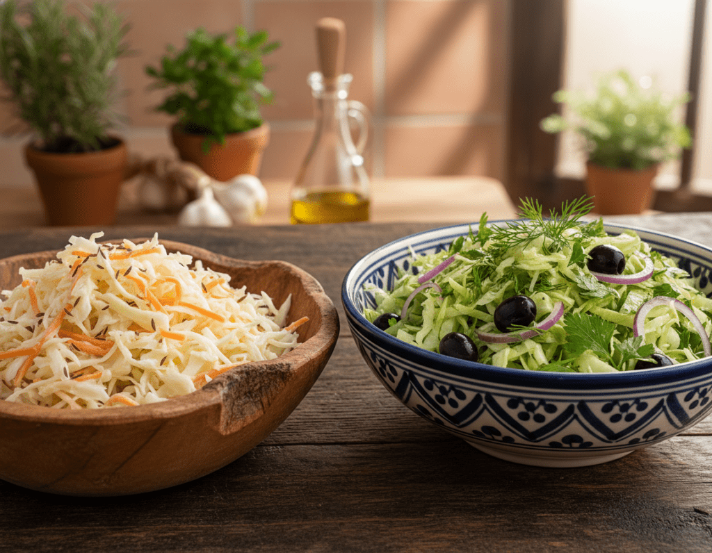 A visually appealing display of two distinct varieties of Krautsalat, foreground showcasing a traditional German version with finely shredded cabbage, carrots, and a creamy dressing in a rustic wooden bowl. Next to it, the Greek Krautsalat features vibrant green cabbage mixed with fresh herbs, sliced olives, and a drizzle of olive oil, presented in a colorful ceramic bowl. The middle ground blends these two bowls on a textured wooden table, highlighting the contrasting ingredients. In the background, soft-focused elements suggest a Mediterranean-inspired kitchen setting with warm, inviting lighting, creating a cozy atmosphere. This composition celebrates the differences between German and Greek styles of Krautsalat, emphasizing freshness and traditional presentation. Capture the scene from a slightly elevated angle to enhance depth and detail, ensuring the overall mood is warm and welcoming.