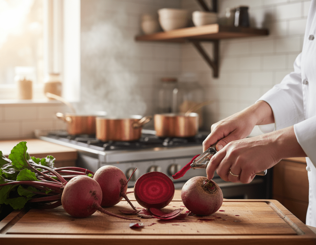 A visually appealing kitchen scene featuring fresh red beets being prepared for cooking. In the foreground, a wooden cutting board holds whole, glossy red beets, while a couple of beets are peeled, showcasing their vibrant purple-red flesh. In the middle, a pair of hands wearing modest, professional attire skillfully peel the beets with a vegetable peeler, revealing their smooth texture. The background presents a blurred view of a cozy kitchen with pots boiling on the stove, warm golden light illuminating the scene. The atmosphere is inviting and homely, encouraging a sense of warmth and culinary creativity. Use natural lighting to enhance the freshness of the ingredients, with a slight focus on the beets to capture their rich color and detail.