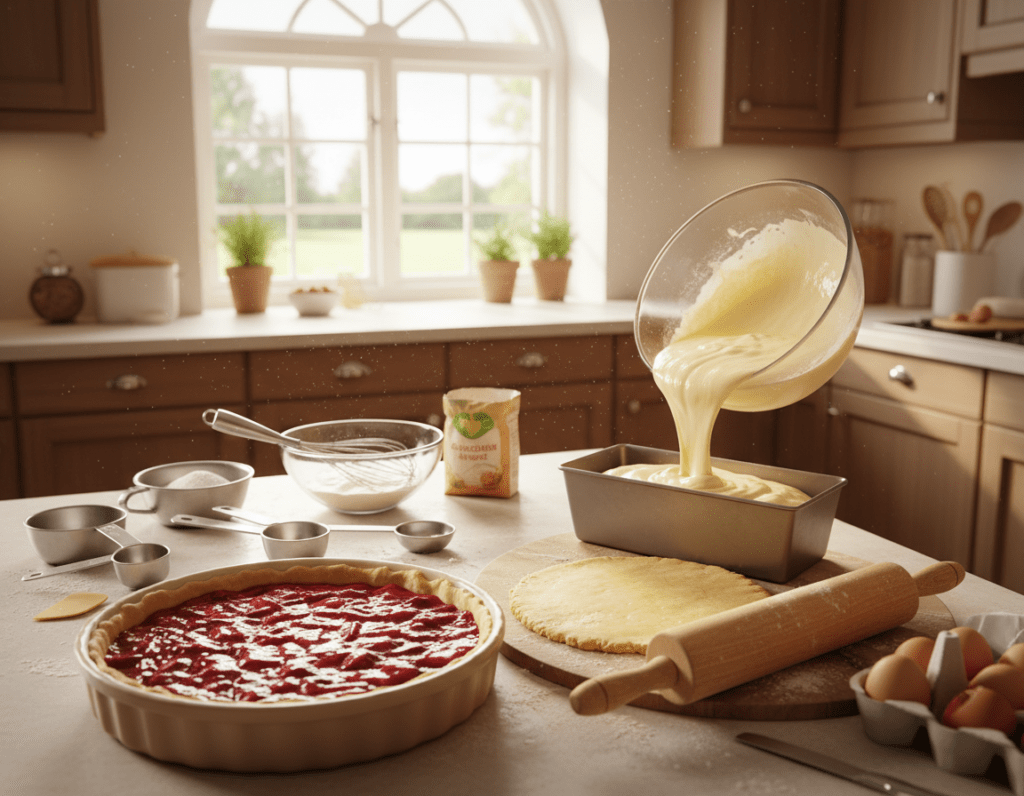 A visually appealing kitchen scene showcasing a comparison between shortcrust pastry (Mürbeteig) and sponge cake mixture (Rührteig). In the foreground, a round pie dish filled with vibrant red strawberry rhubarb filling sits next to a bowl of crumbly, golden-brown shortcrust pastry, expertly rolled out. Beside it, a luscious, fluffy sponge cake batter is being poured into another dish, showcasing its smooth texture. The middle section features various baking tools like measuring cups, whisks, and a flour-dusted countertop. The background includes a sunny window with soft daylight streaming in, illuminating the scene and enhancing the warm, inviting atmosphere. The mood is cheerful and homey, emphasizing the joy of baking. The viewpoint captures this dynamic layout from a slightly elevated angle, allowing both pastries to shine prominently.