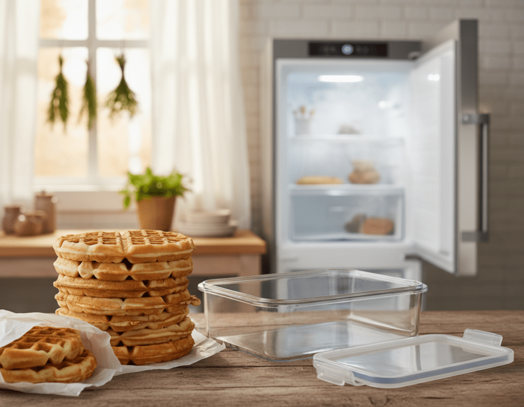 A visually appealing kitchen scene showcasing the process of freezing fluffy waffles. In the foreground, a stack of golden-brown waffles sits on a rustic wooden countertop, with a few waffles partially wrapped in parchment paper. To the side, an airtight container is open, ready to store the waffles, highlighting home-style food preservation. In the middle ground, a soft focus reveals a freezer door slightly ajar, hinting at the freezing process. The background features warm, inviting kitchen elements such as hanging herbs and a soft, sunlit window, creating a cozy atmosphere. The lighting is bright and natural, evoking a sense of warmth and comfort, captured from a slightly elevated angle to provide depth and an inviting perspective.