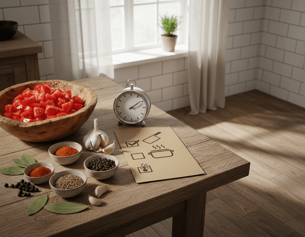 A visually appealing kitchen setting featuring a wooden table with a variety of ingredients for making Schaschliksoße, including a bowl of diced tomatoes, spices, and garlic piled on one side. In the background, soft, natural light filters through a window, casting gentle shadows that add depth. The middle ground displays a timer and a checklist that visually represents different stages of preparation time (like chopping, simmering, and cooling) without any text. The lens captures a slightly angled view, giving an inviting atmosphere of home cooking. The mood is cozy and warm, evoking the comforting nature of homemade meals while emphasizing the ease of making Schaschliksoße. A visually appealing kitchen setting featuring a wooden table with a variety of ingredients for making Schaschliksoße, including a bowl of diced tomatoes, spices, and garlic piled on one side. In the background, soft, natural light filters through a window, casting gentle shadows that add depth. The middle ground displays a timer and a checklist that visually represents different stages of preparation time (like chopping, simmering, and cooling) without any text. The lens captures a slightly angled view, giving an inviting atmosphere of home cooking. The mood is cozy and warm, evoking the comforting nature of homemade meals while emphasizing the ease of making Schaschliksoße.