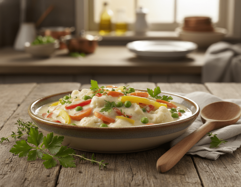 A visually appealing vegetarian frikassee dish presented elegantly on a rustic wooden table. The foreground features a large bowl filled with creamy, colorful frikassee made from an array of fresh vegetables like carrots, bell peppers, and peas, all enveloped in a luscious white sauce. Surrounding the bowl are fresh herbs, such as parsley and thyme, for garnish. In the middle, a wooden spoon rests beside the bowl, inviting the viewer to savor the dish. The background shows a softly blurred kitchen setting with warm, ambient lighting that creates a cozy atmosphere, enhancing the inviting feel of the meal. This composition captures the essence of a modern, healthy vegetarian alternative to traditional frikassee, emphasizing freshness and wholesome ingredients.