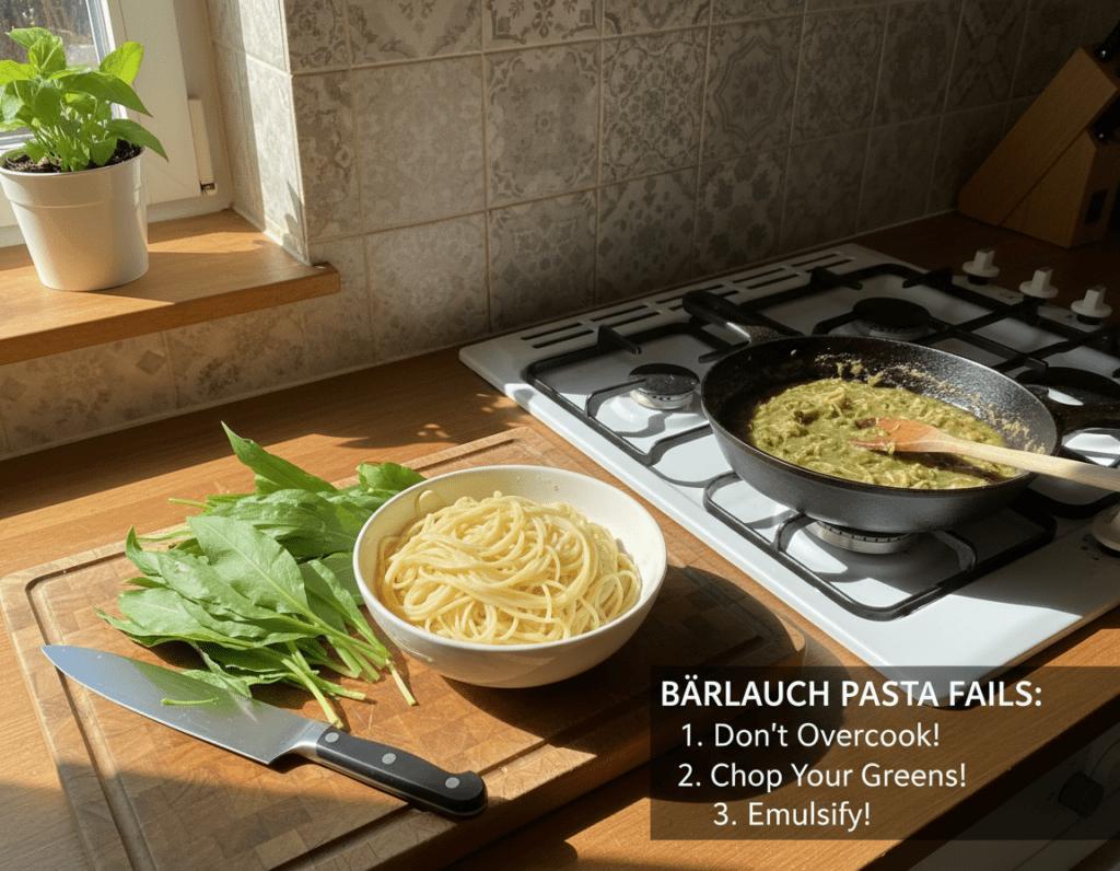 A visually engaging kitchen scene depicting the preparation of Bärlauchpasta, focusing on common mistakes in its cooking process. In the foreground, a wooden cutting board is cluttered with unchopped wild garlic, a knife, and a bowl of overcooked pasta. Bright green wild garlic leaves stand out against the warm, rustic kitchen background, where sunlight streams in through a nearby window, creating soft shadows. In the middle ground, a pan on the stove features an unappetizing mushy pasta sauce, indicating its failure. The overall mood is slightly humorous yet educational, emphasizing the importance of proper techniques in pasta preparation. The angle captures both the countertop and the stove area, inviting the viewer to learn from these common errors.