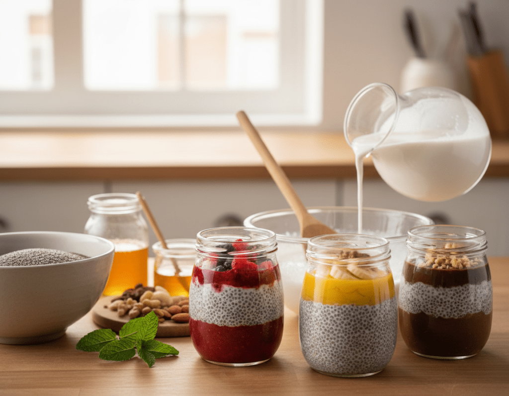 A visually engaging step-by-step guide to making chia pudding, beautifully arranged in a bright and inviting kitchen setting. In the foreground, several glass jars filled with layered chia pudding, topped with fresh fruits like berries and banana slices. A large bowl of chia seeds and a small jug of coconut milk are in the process of being poured into a mixing bowl, alongside a wooden spoon. The middle ground shows a cozy kitchen counter with vibrant ingredients: honey, nuts, and a sprig of mint for garnish. The background features soft, diffused sunlight streaming through a window, creating a warm, inviting atmosphere. The scene is framed with a close-up perspective, emphasizing texture and color, using a natural, minimalist aesthetic. The overall mood is cheerful, promoting a healthy lifestyle.