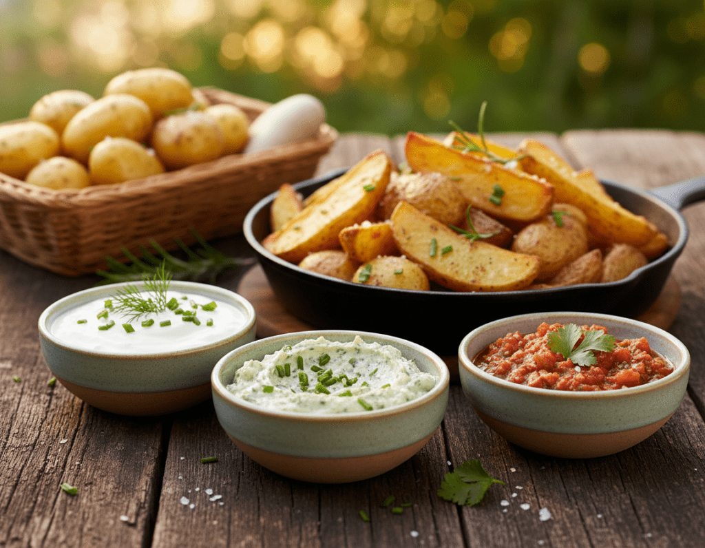 A visually enticing display of assorted potato dips and sauces arranged beautifully on a rustic wooden table. In the foreground, a variety of creamy dips, such as sour cream, garlic herb, and spicy salsa, are presented in small, elegant bowls, enticingly garnished with herbs. In the middle, freshly baked, golden-brown oven potatoes are artfully placed, their crispy skins glistening, inviting the viewer to experience their crunch. The background features softly blurred greenery, suggesting a cozy, outdoor dining atmosphere with warm, natural lighting illuminating the scene, creating an inviting mood. The image should have a shallow depth of field to emphasize the dips and potatoes, without any text or watermarks. A visually enticing display of assorted potato dips and sauces arranged beautifully on a rustic wooden table. In the foreground, a variety of creamy dips, such as sour cream, garlic herb, and spicy salsa, are presented in small, elegant bowls, enticingly garnished with herbs. In the middle, freshly baked, golden-brown oven potatoes are artfully placed, their crispy skins glistening, inviting the viewer to experience their crunch. The background features softly blurred greenery, suggesting a cozy, outdoor dining atmosphere with warm, natural lighting illuminating the scene, creating an inviting mood. The image should have a shallow depth of field to emphasize the dips and potatoes, without any text or watermarks.