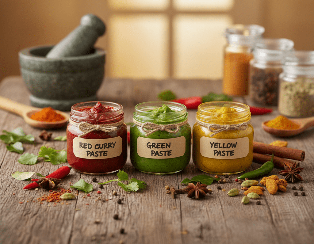A visually striking display of various curry pastes arranged artfully on a rustic wooden table. In the foreground, small glass jars filled with vibrant red, green, and yellow curry pastes, each jar labeled with their names. The middle ground features fresh ingredients like chopped herbs, chilies, and spices spilling around the jars, adding color and texture. In the background, soft-focus kitchen utensils and spices create a warm cooking atmosphere. The lighting is natural and warm, emulating the golden light of a cozy kitchen, while a shallow depth of field emphasizes the curry pastes. The overall mood is inviting and rich, suggesting the flavors and creativity involved in making a delicious chicken curry.