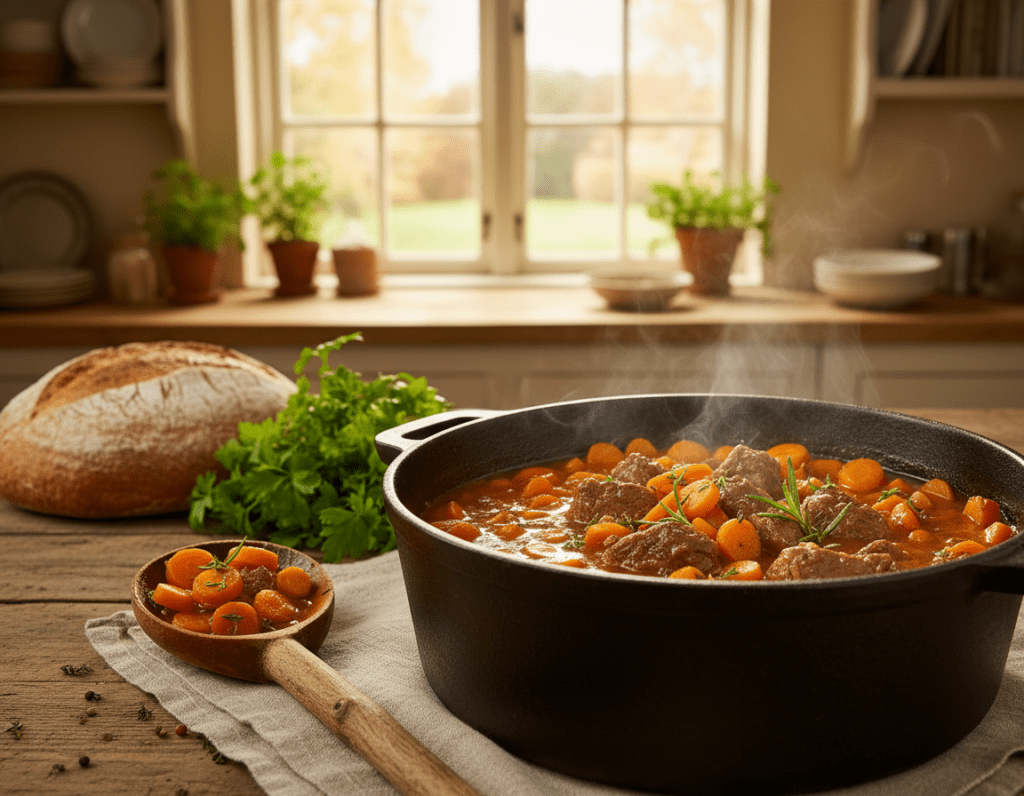 A warm and inviting kitchen scene showcasing a delicious "Möhreneintopf mit Fleisch" simmering in a rustic pot on a wooden table. In the foreground, a close-up of the hearty stew reveals vibrant orange carrots, tender pieces of meat, and savory herbs, all bubbling gently. In the middle, a wooden spoon rests beside the pot, displaying a scoop of the stew, while fresh parsley and a loaf of crusty bread accompany it. The background features soft, ambient lighting filtering through a kitchen window, casting a golden glow. The atmosphere is cozy and homey, perfect for conveying the essence of a home-cooked meal. The overall composition should evoke warmth, comfort, and the joy of cooking.