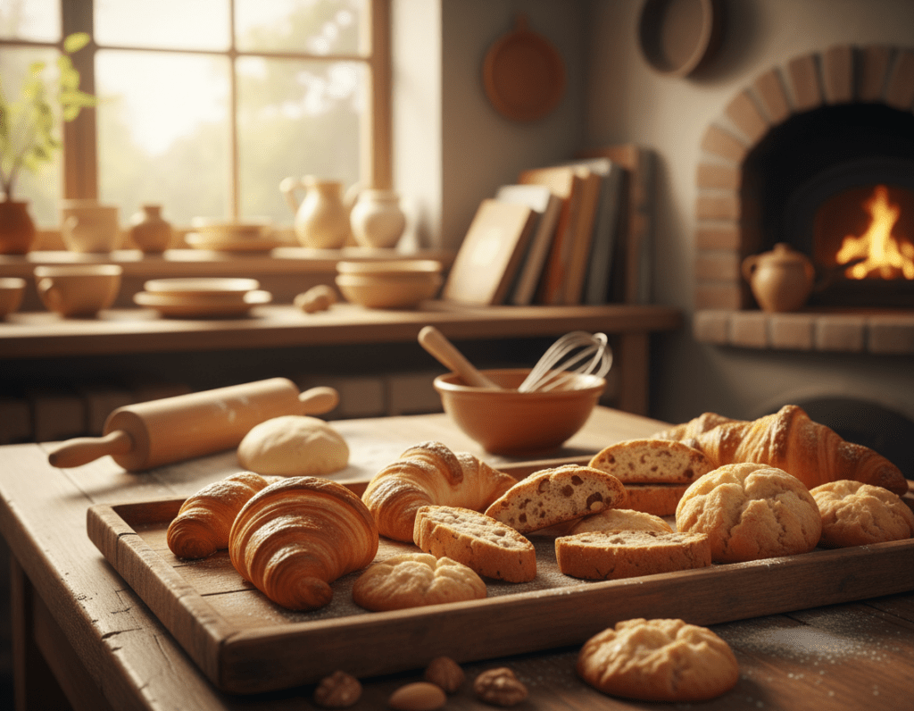 A warm and inviting kitchen scene showcasing freshly baked pastries straight from the oven, resting on a rustic wooden baking sheet. In the foreground, a variety of golden-brown cookies and delicate pastries, like buttery croissants and nut-studded biscotti, exude a mouth-watering allure. The middle ground features a wooden table adorned with a rolling pin, flour, and kitchen utensils, hinting at the homemade nature of the treats. In the background, soft natural light streams through a window, illuminating the warm hues of the kitchen and creating a cozy, nostalgic atmosphere. The composition captures the essence of baking joy, evoking a sense of comfort and satisfaction, with an emphasis on the visual appeal of the freshly baked goods.