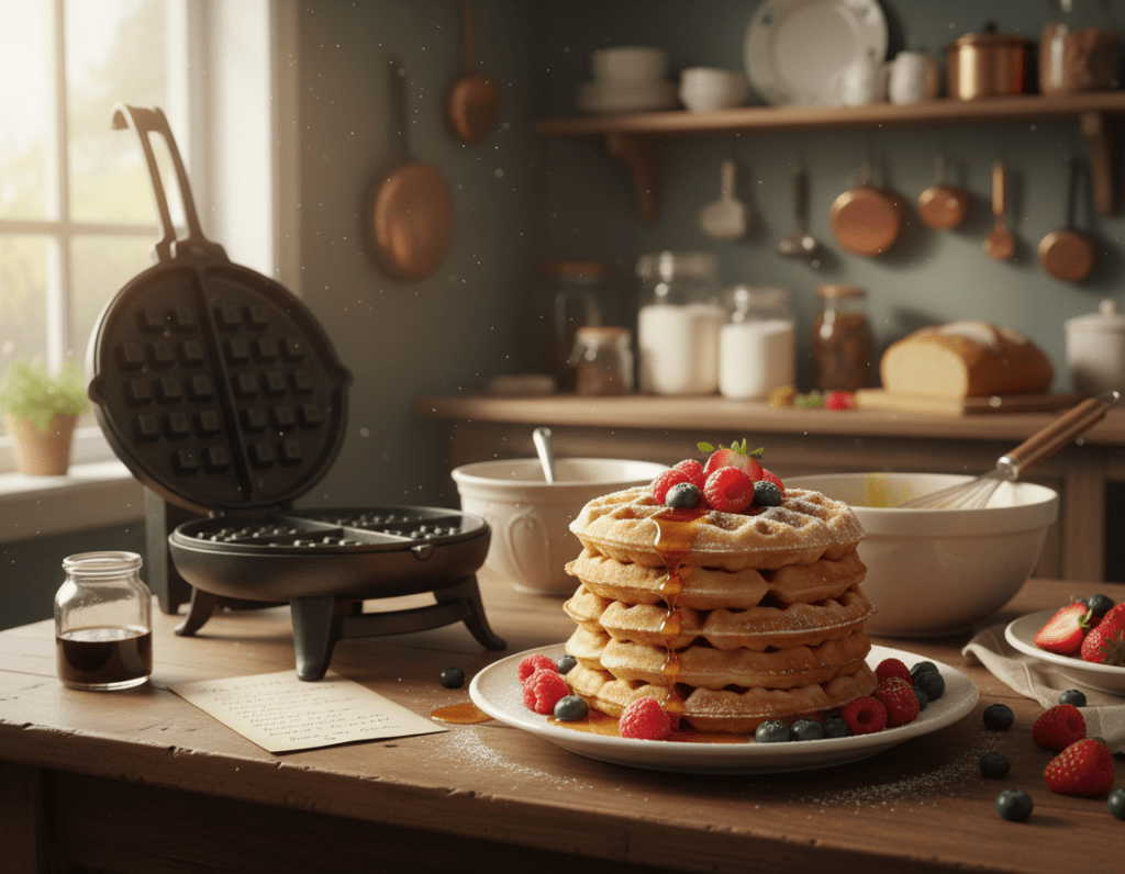 A warm, inviting kitchen scene featuring traditional waffles made from a classic grandmother's recipe. In the foreground, a beautifully presented stack of golden-brown waffles, perfectly cooked and lightly dusted with powdered sugar, adorned with fresh berries and a drizzle of syrup. The middle ground includes a rustic wooden table with a vintage waffle iron and a mixing bowl, hinting at the homemade aspect. In the background, softly blurred shelves filled with traditional kitchenware and ingredients, with gentle daylight streaming through a window, casting a cozy glow. The atmosphere is nostalgic and heartwarming, embodying the essence of family traditions and comfort food. The scene is depicted with a soft focus, creating a dreamy, inviting ambiance.