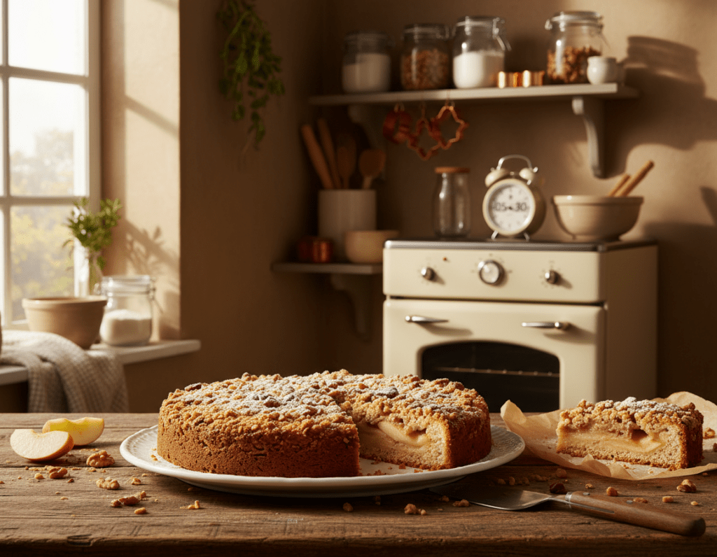 A warm, inviting kitchen scene showcasing a freshly baked Apfelnusskuchen topped with golden streusel, sitting elegantly on a rustic wooden table. In the foreground, a partially cut slice reveals juicy apples and crunchy nuts inside, with a delicate dusting of powdered sugar on top. The middle ground features a vintage oven with the temperature dial set to 180°C, accompanied by a kitchen timer counting down the baking time. Soft natural light streams in through a nearby window, creating a cozy atmosphere. In the background, shelves filled with baking ingredients and tools add depth to the scene. The overall mood is homely and creative, inspiring the viewer to bake their own delicious Apfelnusskuchen. A warm, inviting kitchen scene showcasing a freshly baked Apfelnusskuchen topped with golden streusel, sitting elegantly on a rustic wooden table. In the foreground, a partially cut slice reveals juicy apples and crunchy nuts inside, with a delicate dusting of powdered sugar on top. The middle ground features a vintage oven with the temperature dial set to 180°C, accompanied by a kitchen timer counting down the baking time. Soft natural light streams in through a nearby window, creating a cozy atmosphere. In the background, shelves filled with baking ingredients and tools add depth to the scene. The overall mood is homely and creative, inspiring the viewer to bake their own delicious Apfelnusskuchen.