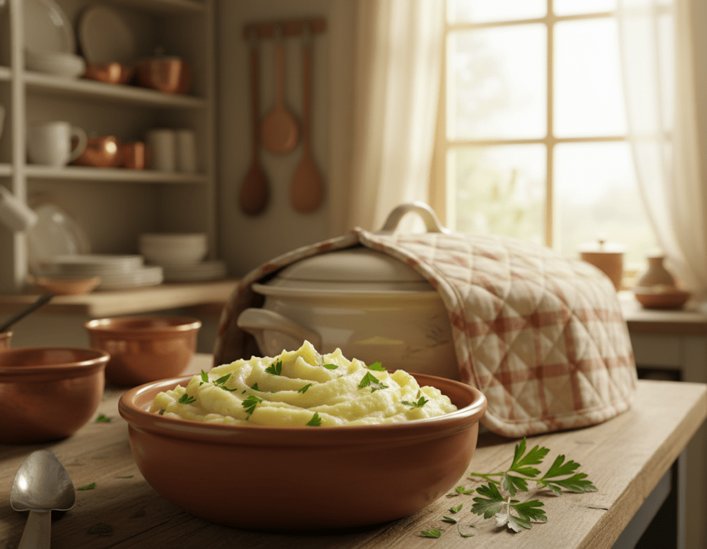 A warm, inviting kitchen setting featuring a bowl of creamy, smooth Kartoffelpüree on a rustic wooden countertop. The foreground should showcase the mashed potatoes, glistening slightly with butter and adorned with a sprinkle of fresh parsley for color. In the middle ground, an elegant ceramic dish with a lid and a heat-retaining cover is placed, emphasizing the theme of keeping the potatoes warm and stored. The background includes shelves with kitchen utensils and a window letting in soft, diffused natural light, creating a cozy atmosphere. The image should evoke comfort and homeliness, ideally captured with a warm color palette and soft focus to enhance the inviting feel. A warm, inviting kitchen setting featuring a bowl of creamy, smooth Kartoffelpüree on a rustic wooden countertop. The foreground should showcase the mashed potatoes, glistening slightly with butter and adorned with a sprinkle of fresh parsley for color. In the middle ground, an elegant ceramic dish with a lid and a heat-retaining cover is placed, emphasizing the theme of keeping the potatoes warm and stored. The background includes shelves with kitchen utensils and a window letting in soft, diffused natural light, creating a cozy atmosphere. The image should evoke comfort and homeliness, ideally captured with a warm color palette and soft focus to enhance the inviting feel.
