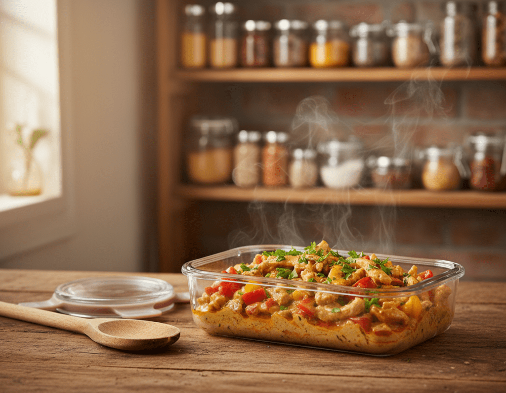 A warm kitchen setting showcasing a beautifully arranged display of "Paprika-Rahm Geschnetzeltes" presented in a glass storage container, emitting savory steam. Foreground features the dish, garnished with fresh parsley, with vibrant red and yellow bell peppers visible. The middle layer includes a rustic wooden table with kitchen utensils like a wooden spoon and an airtight lid next to the container. The background features shelves stocked with spices and jars, softly illuminated by natural sunlight filtering in through a window, creating a cozy, inviting atmosphere. The scene should convey a sense of home cooking and thoughtful food storage, captured with a shallow depth of field for a soft focus on the background, emphasizing the dish in the forefront.