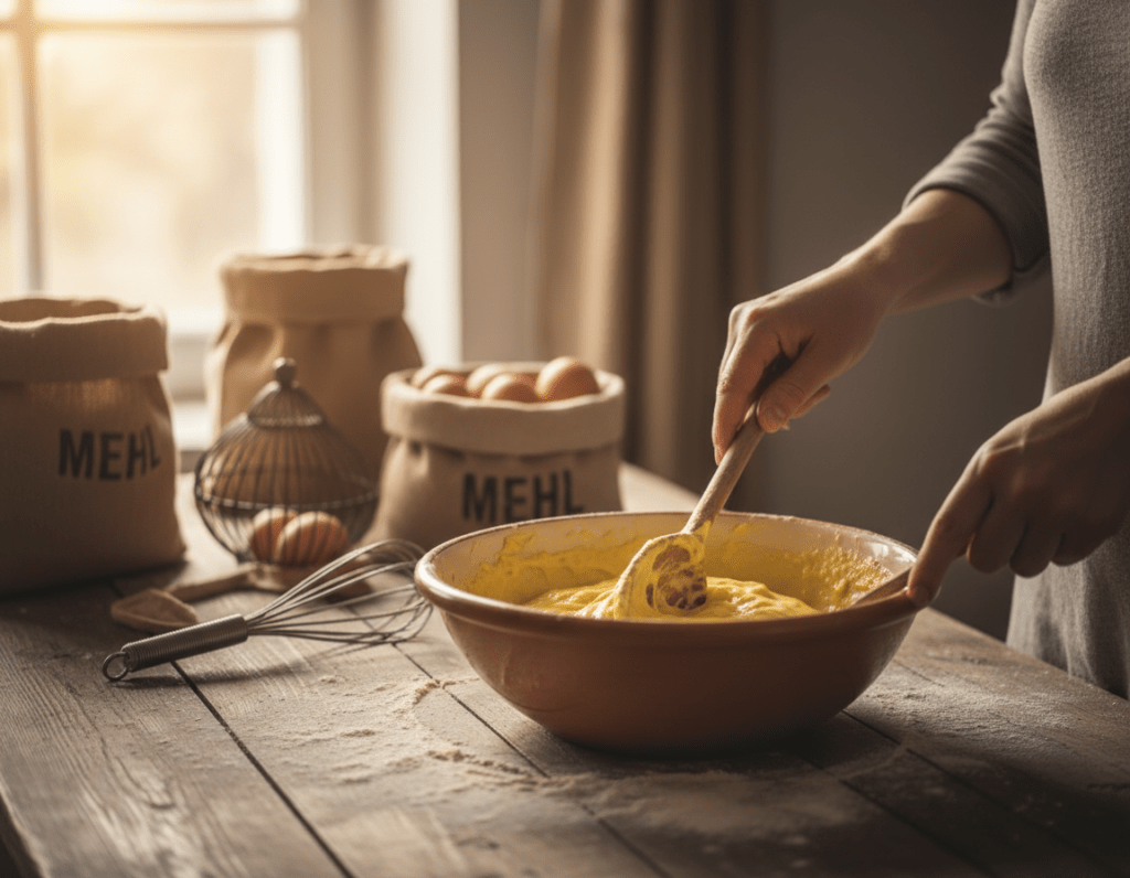 A warm kitchen setting showcasing the preparation of Spätzleteig. In the foreground, a wooden table covered with a light flour dusting features a mixing bowl filled with a thick, yellow batter made from eggs and flour. A wooden spoon leans against the bowl, hinting at the mixing process. In the middle, hands of a person in a modest casual outfit are seen mixing the batter, conveying a sense of home cooking and comfort. The background is softly blurred, featuring rustic kitchen elements like a vintage whisk and nearby fresh ingredients such as eggs and flour bags. Soft, natural lighting filters through a window, casting a gentle glow over the scene, evoking a warm and inviting atmosphere.