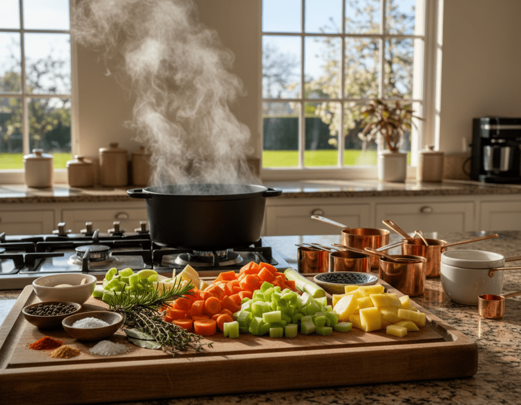 A well-lit, cozy kitchen scene focusing on the preparation of "Ofensuppe". In the foreground, a wooden cutting board adorned with fresh ingredients such as chopped vegetables, herbs, and spices, highlighting the importance of selecting quality produce. A pot simmering on the stove in the background, giving off gentle steam, conveys the cooking process. A neatly arranged collection of measuring cups and spoons, emphasizing the need for precise measurements, that sit on a countertop nearby. Soft, warm lighting creates a welcoming atmosphere, while a large window showcases the outside world, hinting at a tranquil day. The angle captures both the bustling kitchen action and the inviting ambience, conveying a sense of warmth and home-cooked comfort. No people featured, focusing solely on the preparation of the dish. A well-lit, cozy kitchen scene focusing on the preparation of "Ofensuppe". In the foreground, a wooden cutting board adorned with fresh ingredients such as chopped vegetables, herbs, and spices, highlighting the importance of selecting quality produce. A pot simmering on the stove in the background, giving off gentle steam, conveys the cooking process. A neatly arranged collection of measuring cups and spoons, emphasizing the need for precise measurements, that sit on a countertop nearby. Soft, warm lighting creates a welcoming atmosphere, while a large window showcases the outside world, hinting at a tranquil day. The angle captures both the bustling kitchen action and the inviting ambience, conveying a sense of warmth and home-cooked comfort. No people featured, focusing solely on the preparation of the dish.
