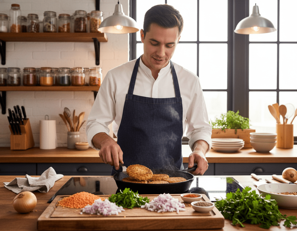 A well-lit kitchen scene featuring a chef preparing red lentil patties. In the foreground, a wooden cutting board is adorned with vibrant red lentils, chopped onions, and aromatic herbs, showcasing fresh ingredients. The middle features a pan sizzling with cooking patties, golden brown and crispy, giving off a tantalizing aroma. The chef, dressed in a smart apron and modest attire, focuses intently on the cooking process, demonstrating attention to detail. The background displays kitchen shelves stocked with spices and cooking utensils, enhancing the culinary atmosphere. Soft, warm lighting creates an inviting and encouraging mood, emphasizing the joyful experience of cooking. The angle captures both the chef’s concentration and the delicious food being prepared, intended to inspire home cooks while avoiding common mistakes in lentil patty preparation.