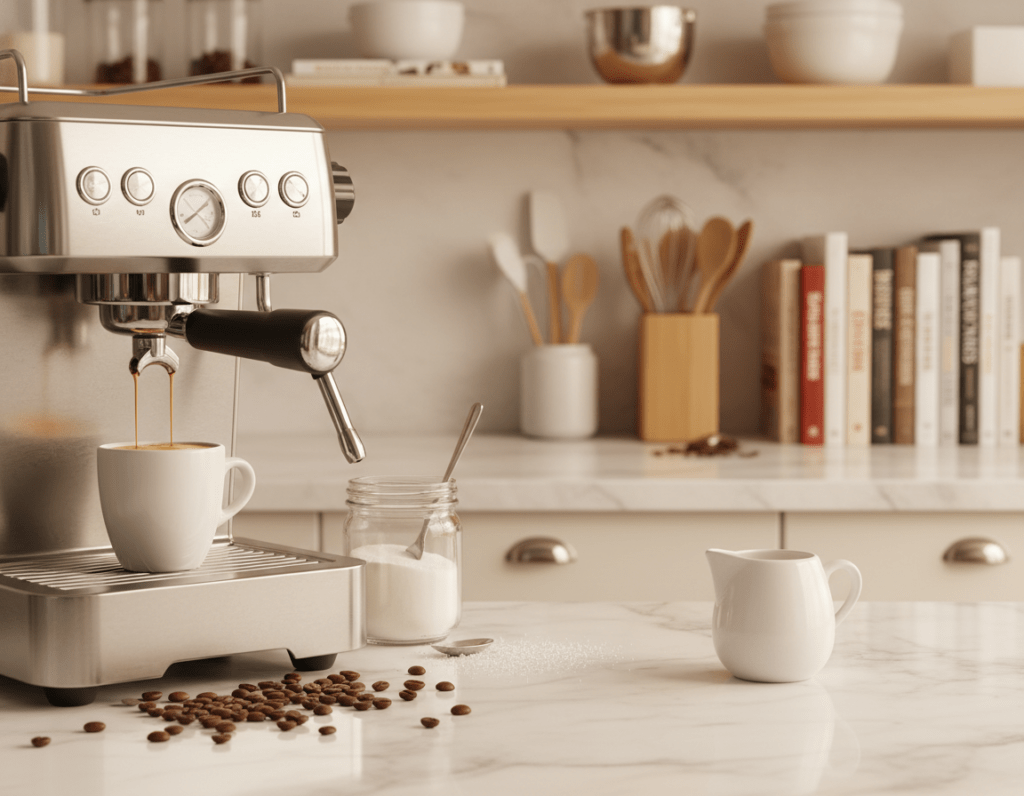 A well-lit kitchen scene focused on the art of making espresso for Tiramisu. In the foreground, a stainless steel espresso machine is prominently displayed, with a freshly brewed shot of rich, dark espresso filling a small white cup. Surrounding the espresso machine, ingredients like coffee beans, a glass jar of sugar, and a small pitcher of milk add warmth to the composition. In the middle ground, an elegant marble countertop reflects the light, enhancing the clean aesthetic. The background features softly blurred shelves filled with baking tools and cookbooks, creating a cozy culinary atmosphere. The lighting should evoke a warm and inviting mood, capturing the essence of a homey kitchen, ideal for preparing delicious desserts.