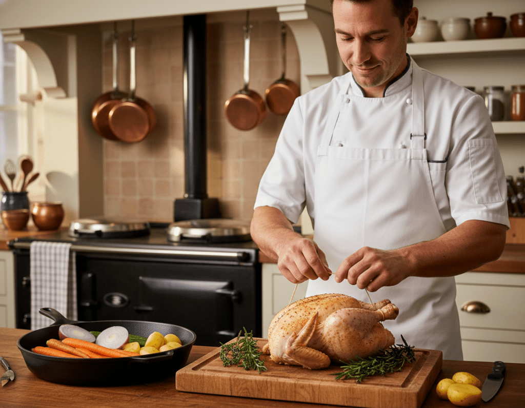 A well-lit kitchen scene focused on the process of roasting chicken. In the foreground, a seasoned whole chicken is placed on a wooden cutting board, surrounded by fresh herbs like rosemary and thyme. A chef, dressed in a neat white apron and professional attire, is demonstrating the technique of trussing the chicken before roasting, showcasing hands skillfully tying the kitchen twine. In the middle ground, a vibrant array of colorful ingredients is displayed: sliced vegetables such as carrots and potatoes, ready to roast alongside the chicken. The background features a bright kitchen with nicely arranged utensils, a rustic oven, and gentle ambient lighting, creating a warm and inviting atmosphere. The image conveys a sense of cooking joy and expertise, while emphasizing the step-by-step nature of the roasting process.