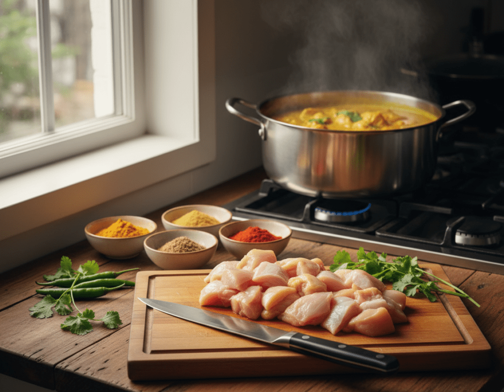 A well-lit kitchen scene showcasing the preparation of chicken for curry. In the foreground, a clean wooden cutting board holds raw chicken pieces, expertly cut into bite-sized chunks. A sharp chef's knife rests nearby, glistening under the warm, natural light streaming in from a window. In the middle ground, bowls filled with vibrant spices such as turmeric, cumin, and coriander create a colorful contrast against the rustic kitchen counter. Fresh herbs like cilantro and green chilies are scattered around. In the background, a pot of simmering curry with bright yellow hues sits on the stove, adding a hint of warmth. The atmosphere is inviting and homely, with a focus on the culinary process, evoking a sense of delicious anticipation.