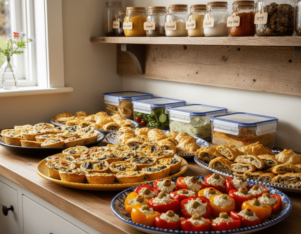 A well-organized kitchen countertop displaying an array of party dishes ready for storage. In the foreground, vibrant platters filled with appetizers like mini quiches, stuffed peppers, and savory pastries, all artfully arranged. In the middle, clear glass containers with airtight lids holding prepared salads and dips, showcasing freshness. In the background, a rustic wooden shelf stocked with labeled jars for condiments and sauces, enhancing the storage theme. Natural soft lighting filters in from a window, casting gentle shadows and creating a warm, inviting atmosphere. The scene evokes a sense of preparation and celebration, perfect for entertaining guests.